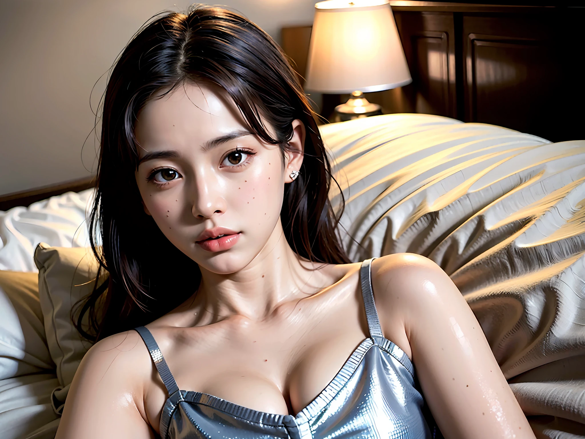 (masutepiece,Best Quality:1.4),(8K,Raw photo,photographrealistic:1.2),(Shiny skin),Detailed skin,Detailed face,Detailed eyes,1girl in,Upper body,Japanese Idol,Extremely beautiful face,Brown hair,On the bed, Lower lashes are long, sleeveless clothes, a little hot flashes on the face, flat chest