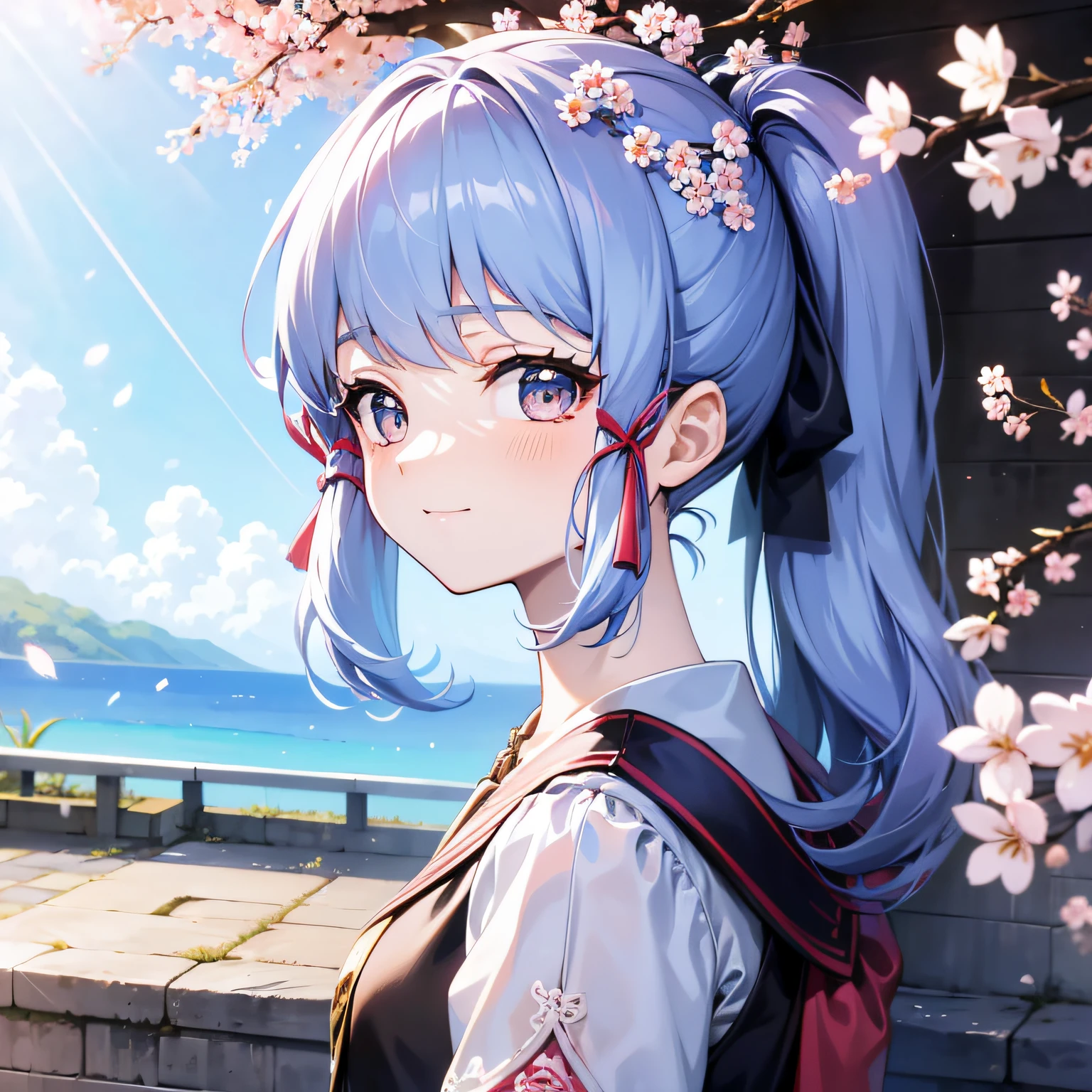 (Top quality, Masterpiece, Ultra-realistic), Cherry blossom trees in the background, Beautiful and delicate portrait of a naughty cute girl