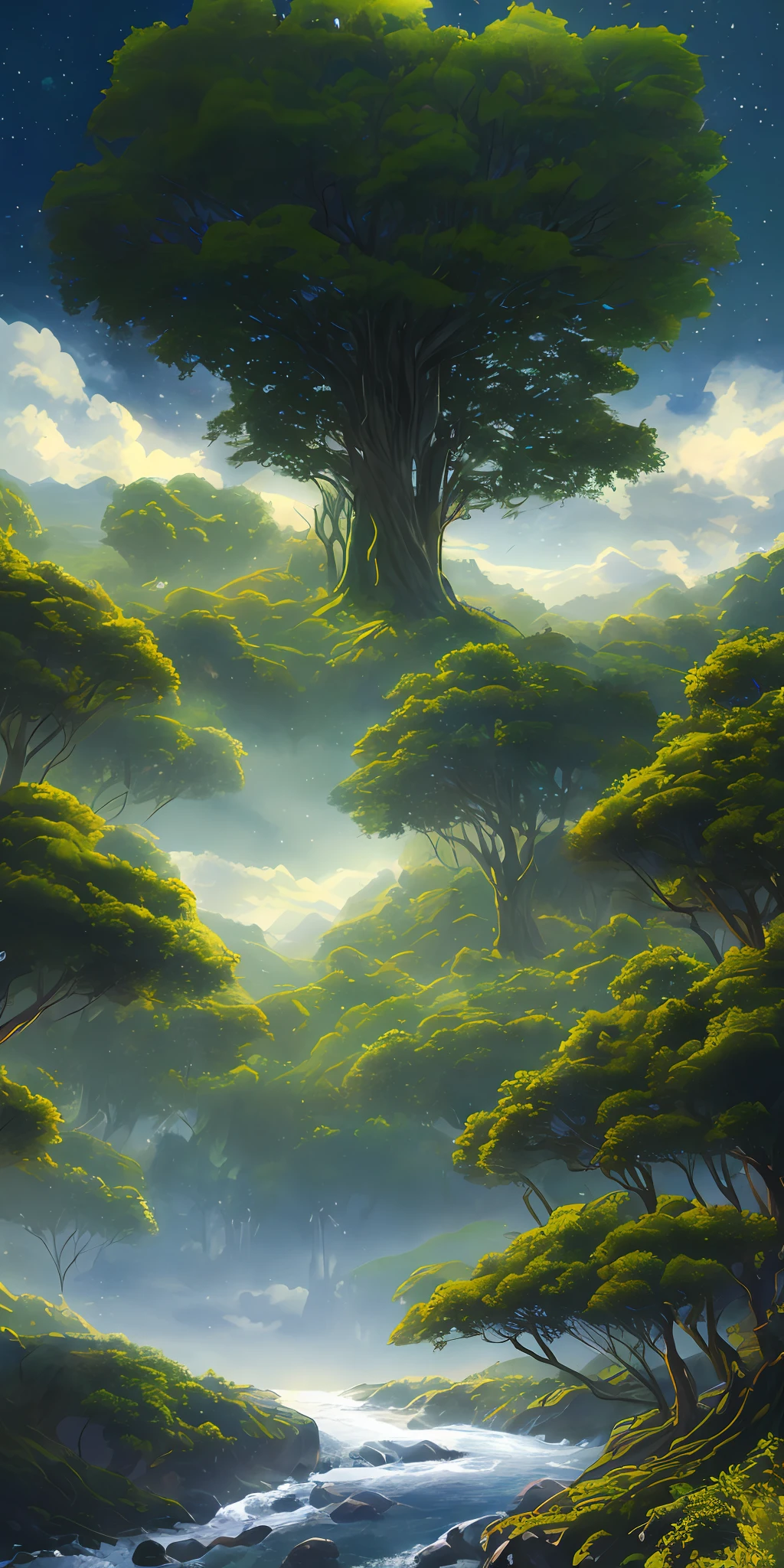 Illustration of a surreal, otherworldly, hyper sky scene including a giant crystal tree full body, highly detailed and magical lighting, intricate forest details, vegetation and surrounding river, solar punk, landscape, giant tree , beautiful green leaves, beautiful lighting and realistic proportions, as if this is a movie background, 8k, highest quality, masterpiece, clouds and stars in the sky.