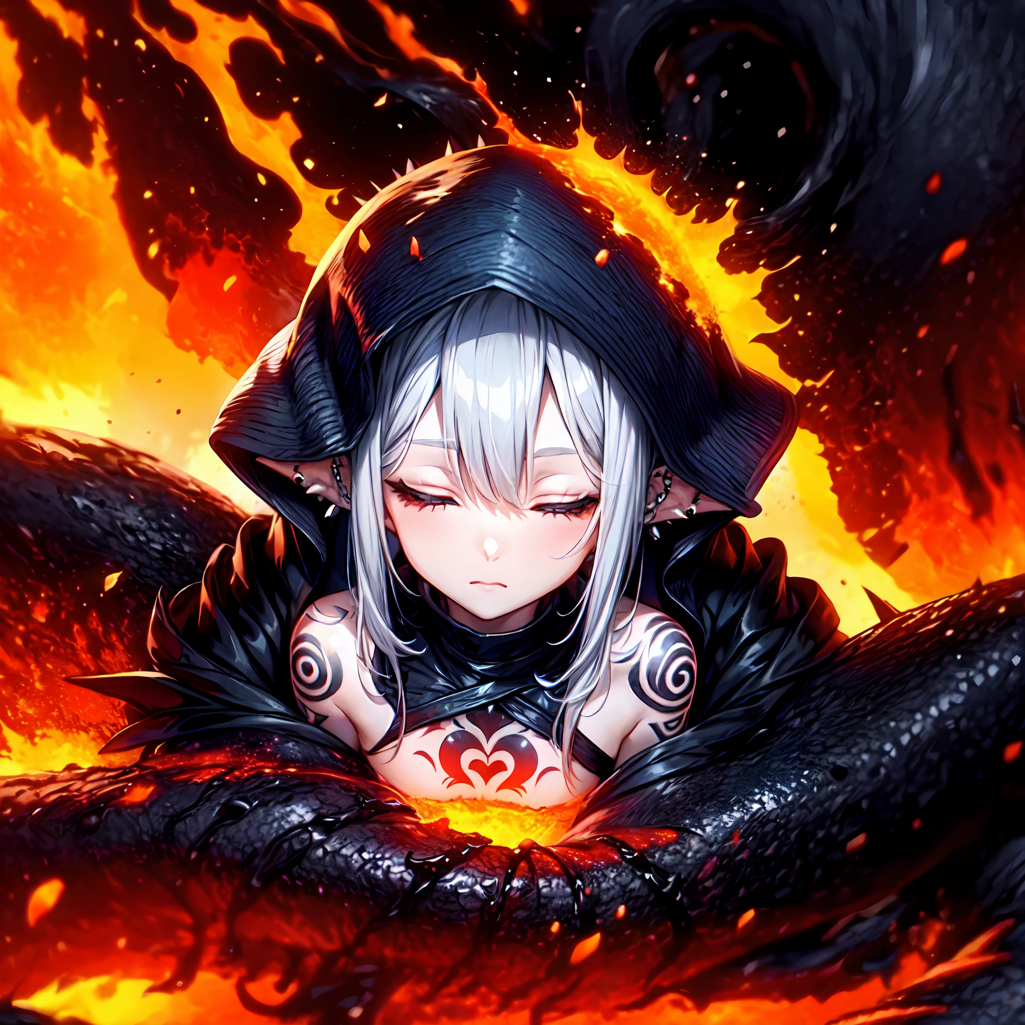 1girl,Solo,((portrait),Bathing),Lava Girl,lava,the magma,Lava splash,(eruption),(sleep),spiky_Ears,Piercing,Small chest, The tattoo,hair messy,Long hair,Silver hair,Black cloak,cloak with hood,demon tail