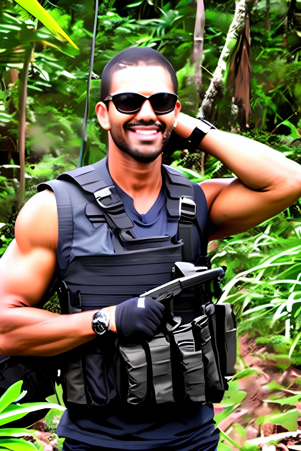 Imagine a scenario where a Brazilian mercenary is shirtless, but he's wearing only a bulletproof military vest and sunglasses with an assault rifle and a machete on his back and he's in the middle of an Amazon rainforest in Brazil