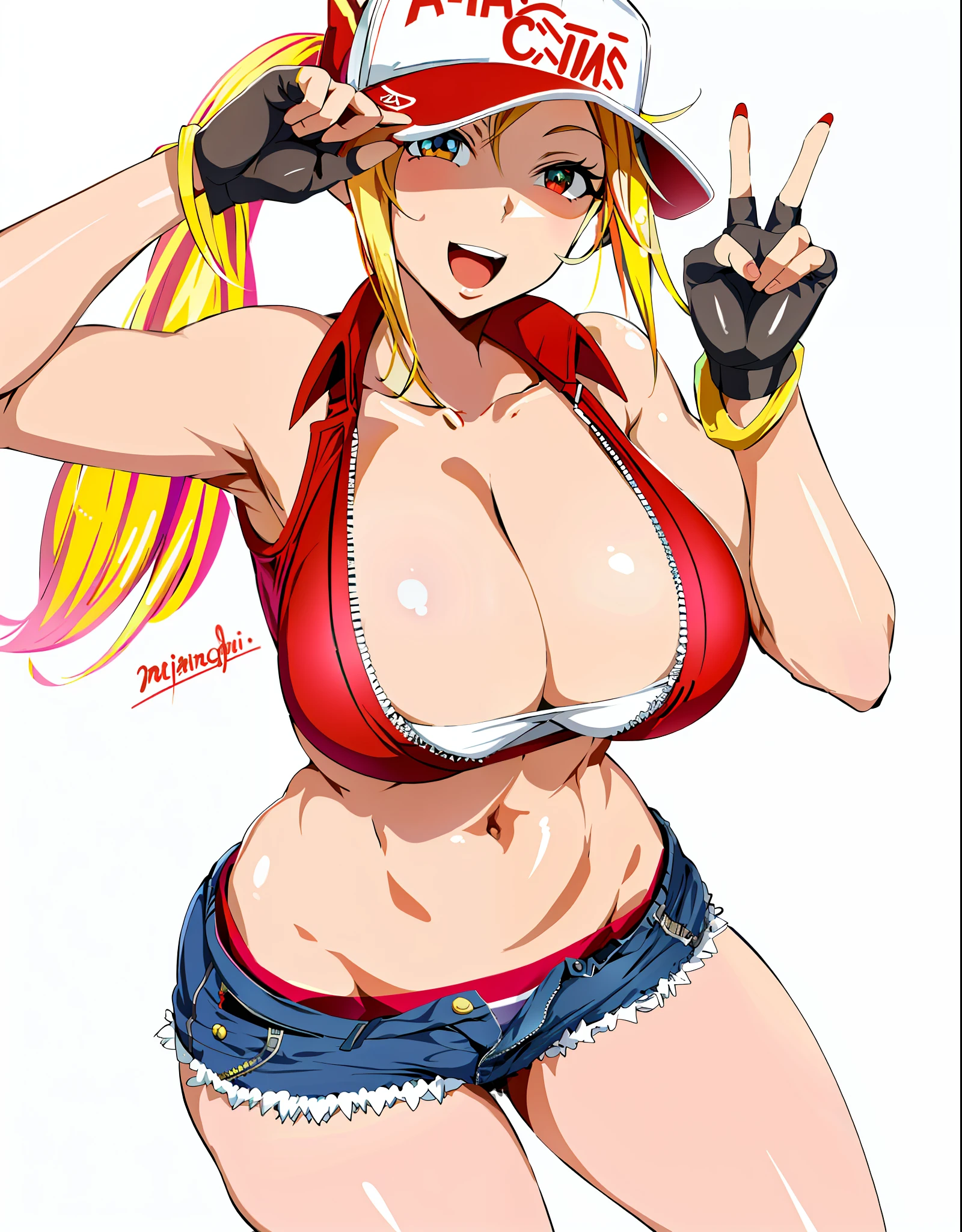 Anime girl with a baseball cap and red bikini, OPPAI, guilty gear art style, Personaje de King of Fighters, Lola Bunny Fanart, Traje de Asuka debajo de la ropa!, seductora chica de anime, Marin Kitagawa Fanart, Cushart Kenz, biomechanical oppai, V de Devil May Cry As an Elf, Cammy, pixiv 3dcg