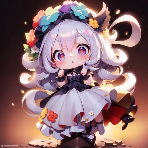 uma garota,chibi,pele escura, vestido preto com flores vermelhas