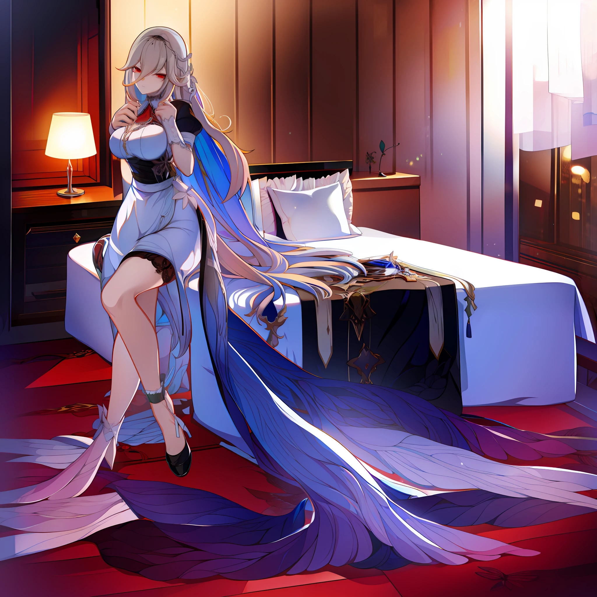 Aponiadef, in bedroom, looking at viewer, angry, red eyes, wears maid outfit