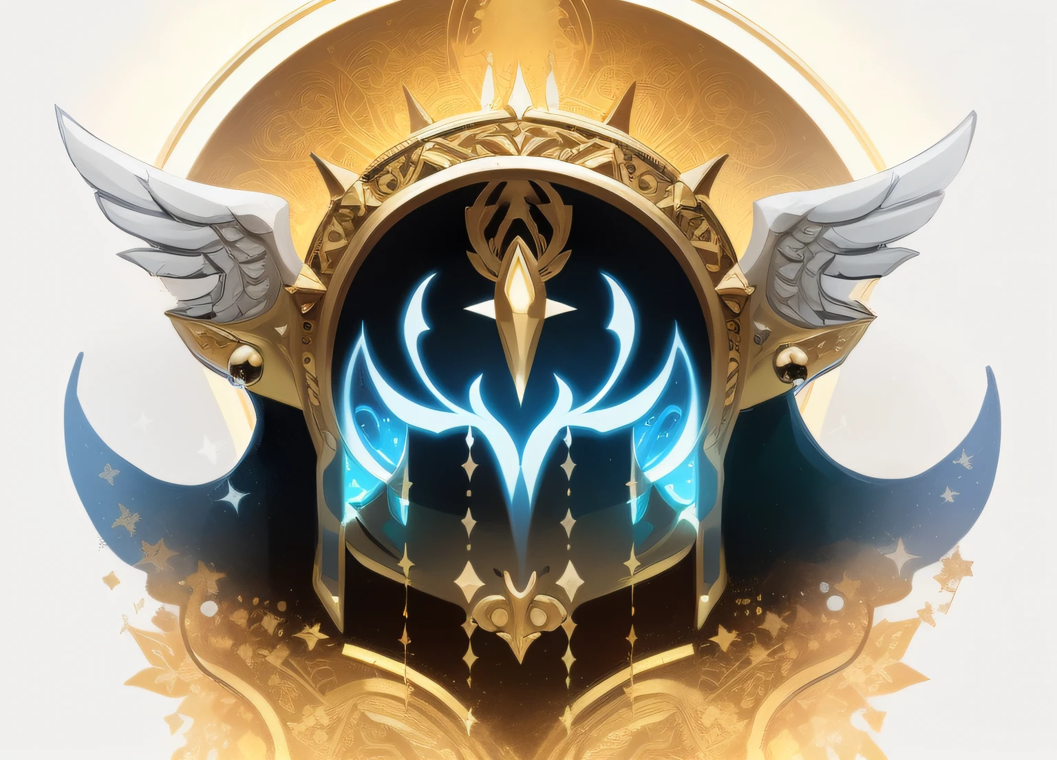 Close-up of helmet with wings on white background, fantasy shield, ornate border + concept-art, style of duelyst, shield design, holy flame crown spell, intricate ornament halo, fantasy game spell symbol, golden circlet, symmetric concept art, the order of the burning shadow, symmetrical crown, arena background, heavy jpeg artifact,Game thick paint style