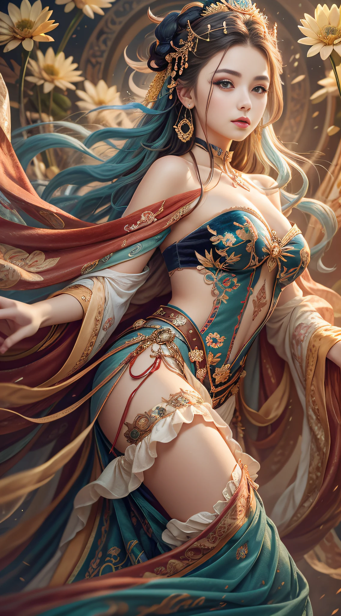 Bestquality,a masterpiece,Ultra-detailed high resolution,(Vivid:1.4),RAW Photos,,illustartion,1girle,(Solo exhibition:1.2),(Cowboy lens:1.2),(Hair crown:1.2),Traditional costumes of Dunhuang, China,strapless,(Red eyeliner:1.2),(Black eyes:1.4),earings,Dynamic angle,opera house,messy_long_hair,ink,Cinematic Light,lens_flare,velvet,chrysanthemum,tassels,Ribbon,Colorful embroidery,upper half body,facing the lens,Dynamic Pose,Large,Embroidered cloth shoes