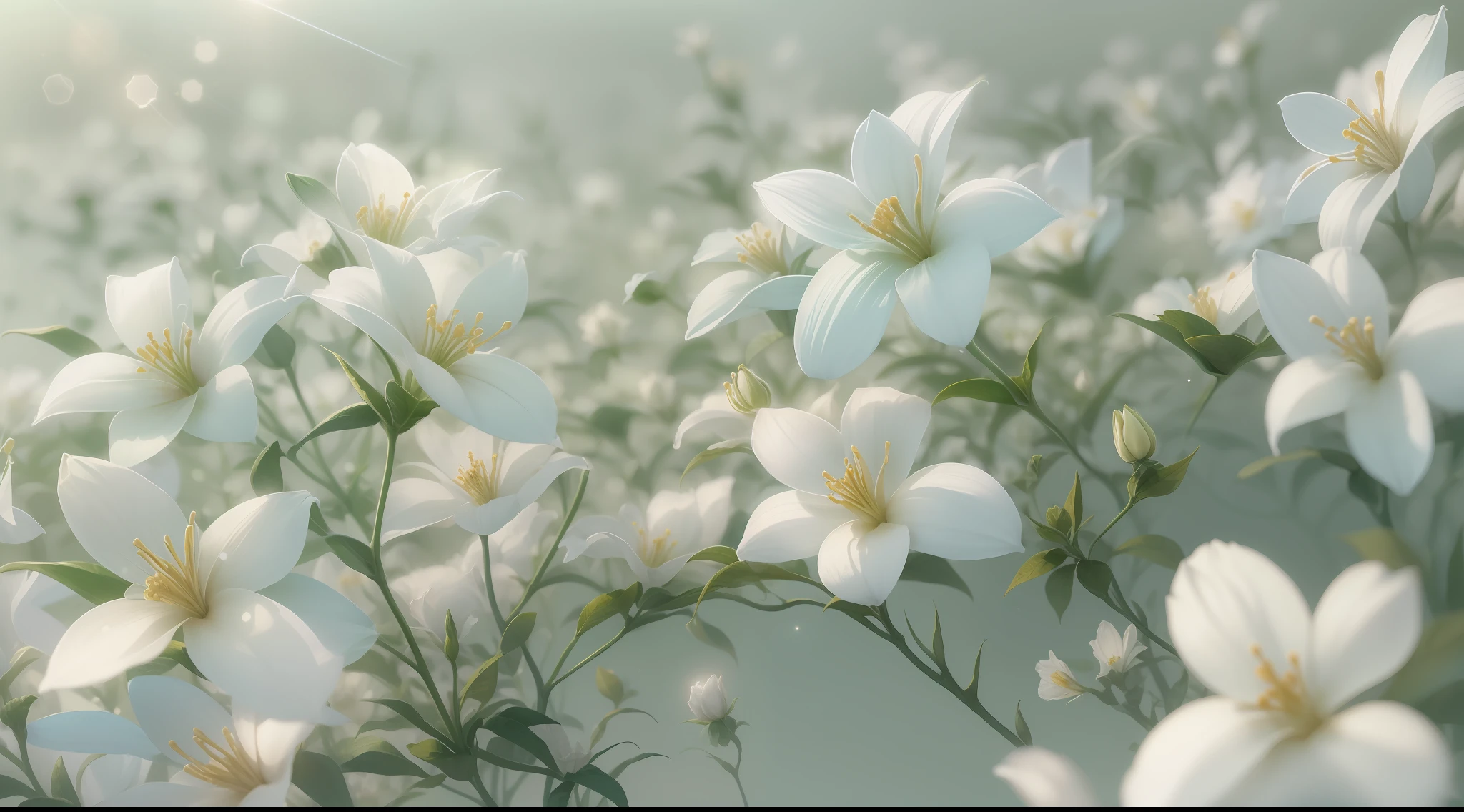 100 jasmine flowers on pale green background,surrealism, hyper photorealism, Chiaroscuro, Depth of field, JPEG artifacts, Wide shot, Perspective, Atmospheric perspective, in a panoramic view, Lens flare, hyper HD, Masterpiece, ccurate，cyber punk style，The horizontal line is at the top third of the picture。