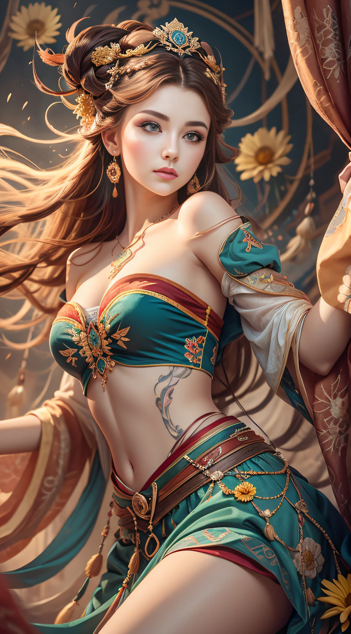 Bestquality，a masterpiece，Ultra-detailed high resolution，（Vivid：1.4），RAW Photos，，illustartion，1girle，（Solo exhibition：1.2），（Cowboy lens：1.2），（Hair crown：1.2），Traditional costumes of Dunhuang, China，strapless，（Red eyeliner：1.2），（Black eyes：1.4），earings，Dynamic angle，opera house，messy_long_hair，ink，Cinematic Light，lens_flare，velvet，chrysanthemum，tassels，Ribbon，Colorful embroidery，upper half body，facing the lens，Dynamic Pose，Large，Embroidered cloth shoes