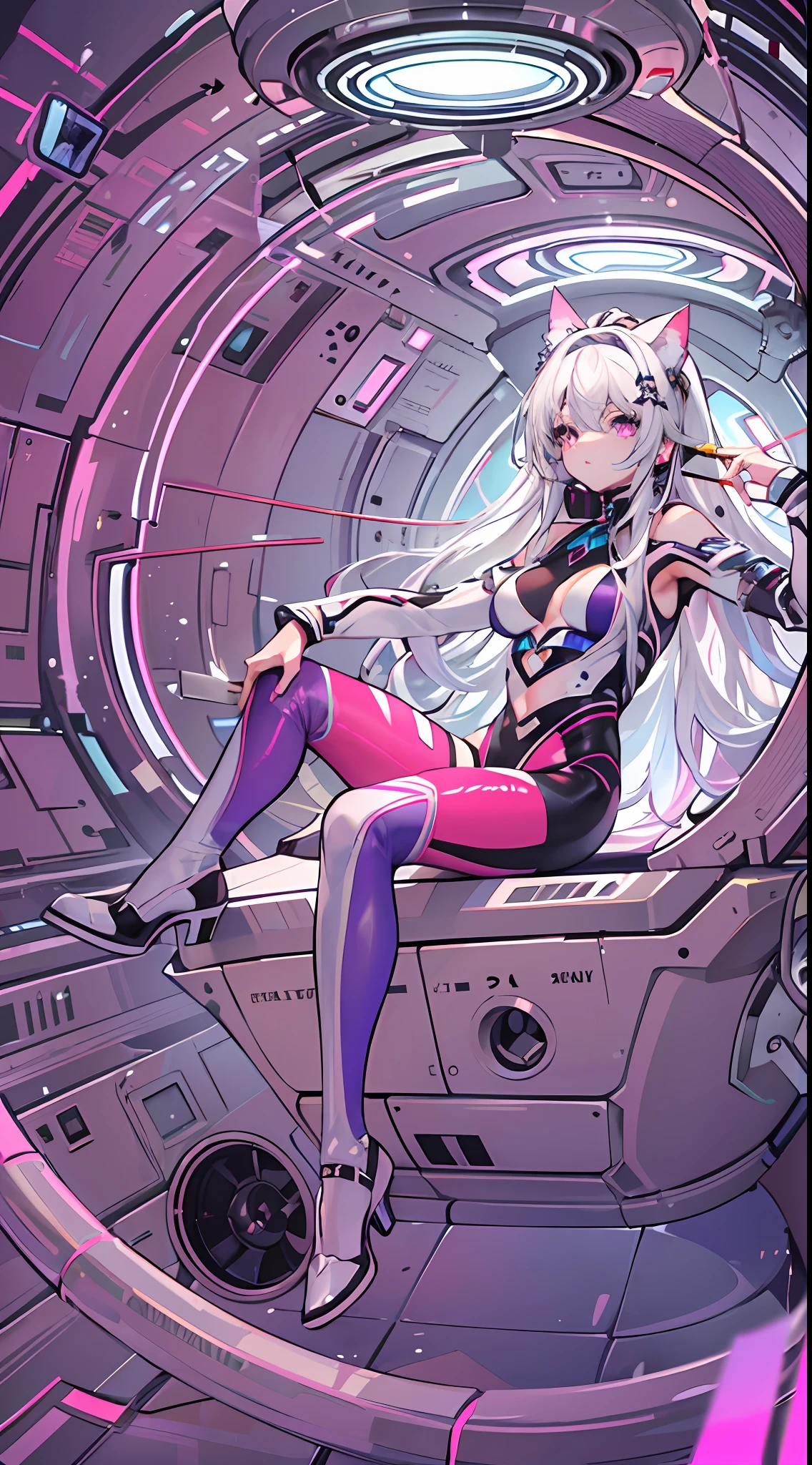 ((Masterpiece)), best quality, absurderes, ultra detailed, holographic, cowboy shot, dynamic pose, golden ratio, super cute girl, mature girl, extremely beautiful, super beautiful Asian girl with super beautiful violet eyes, super beautiful white hair, shiny skin, high ponytail, nice and sexy body, slim and delicate body, perfect body, wearing a super tight white leotard, a neon cat diadem, being photographed in an alien spaceship