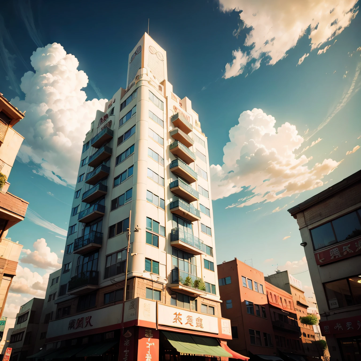 quaint，Chinese，Restaurants，allure，high rise，with blue sky and white clouds