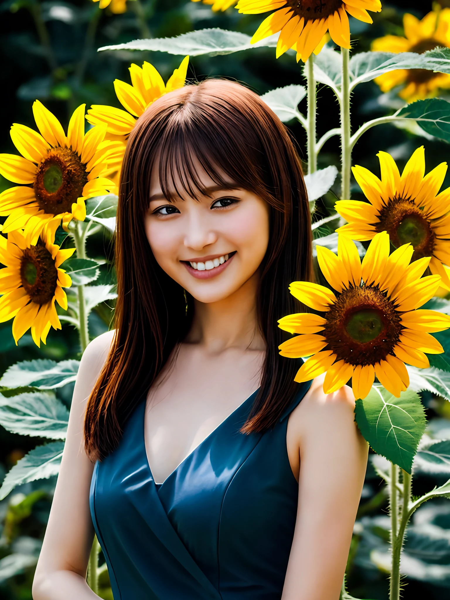 (top-quality、​masterpiece:1.2)、ultra-detailliert、(photographrealistic:1.4)、独奏、Cute  girl s、20yr old、lightsmile、onepiece、sunflower_background、huge tit、himawari