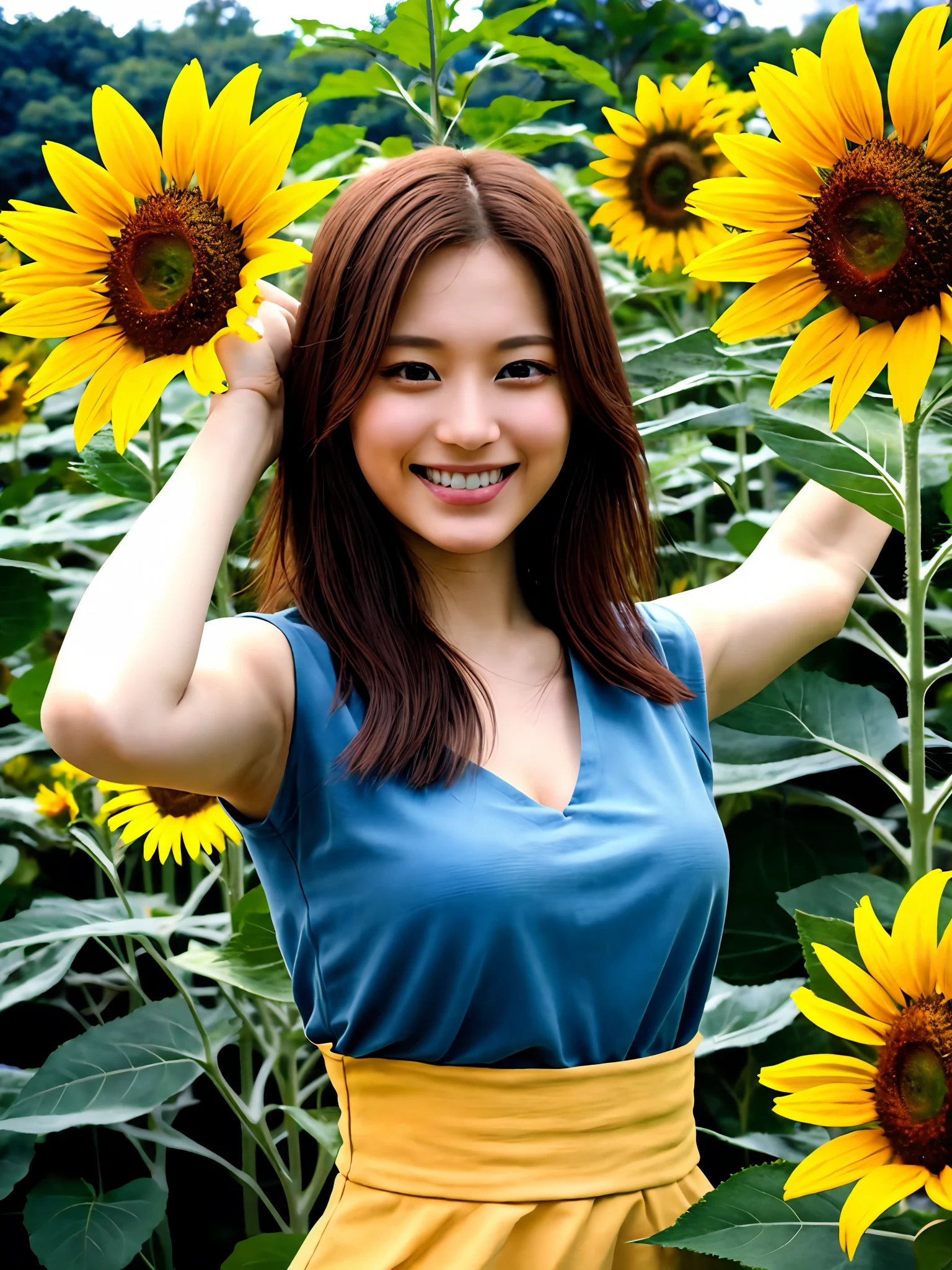 (top-quality、​masterpiece:1.2)、ultra-detailliert、(photographrealistic:1.4)、独奏、Cute  girl s、20yr old、lightsmile、onepiece、sunflower_background、huge tit、himawari