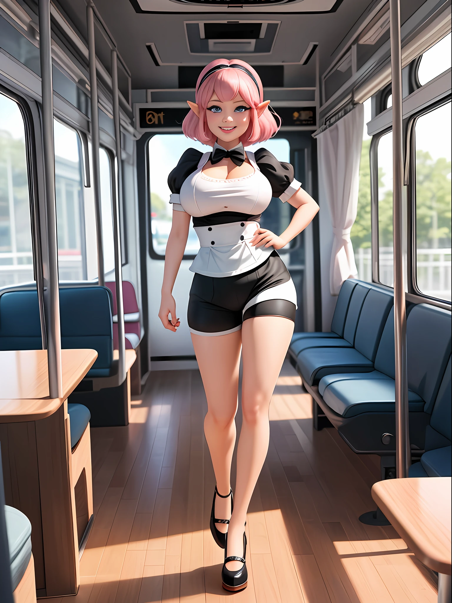 {(Princess Zelda)}, {only she is ((in black maid outfit with extremely sexual white shorts, tight and short on her body)), only she has ((giant breasts)), ((very short pink hair, blue eyes)), ((staring at viewer, smiling, eyes of desire)), ((posing showing off her body))}, {(on a bus with multiple passengers of different ethnicities)}, ((full body):1.5), 16k, best quality, best resolution, best sharpness,