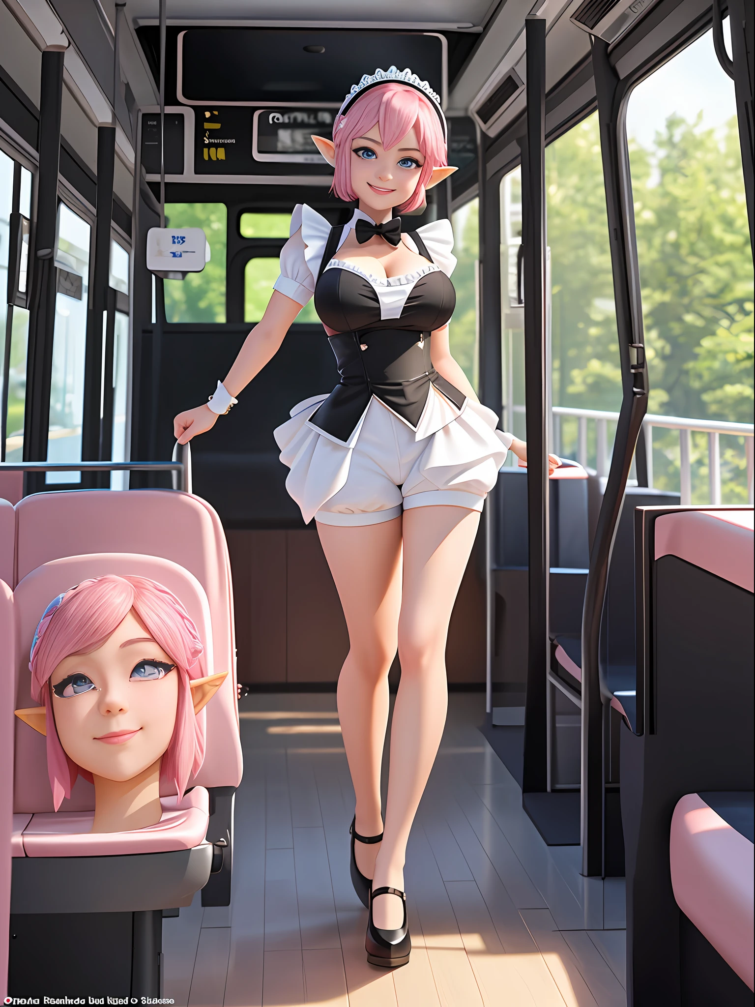 {(Princess Zelda)}, {only she is ((in black maid outfit with extremely sexual white shorts, tight and short on her body)), only she has ((giant breasts)), ((very short pink hair, blue eyes)), ((staring at viewer, smiling, eyes of desire)), ((posing showing off her body))}, {(on a bus with multiple passengers of different ethnicities)}, ((full body):1.5), 16k, best quality, best resolution, best sharpness,