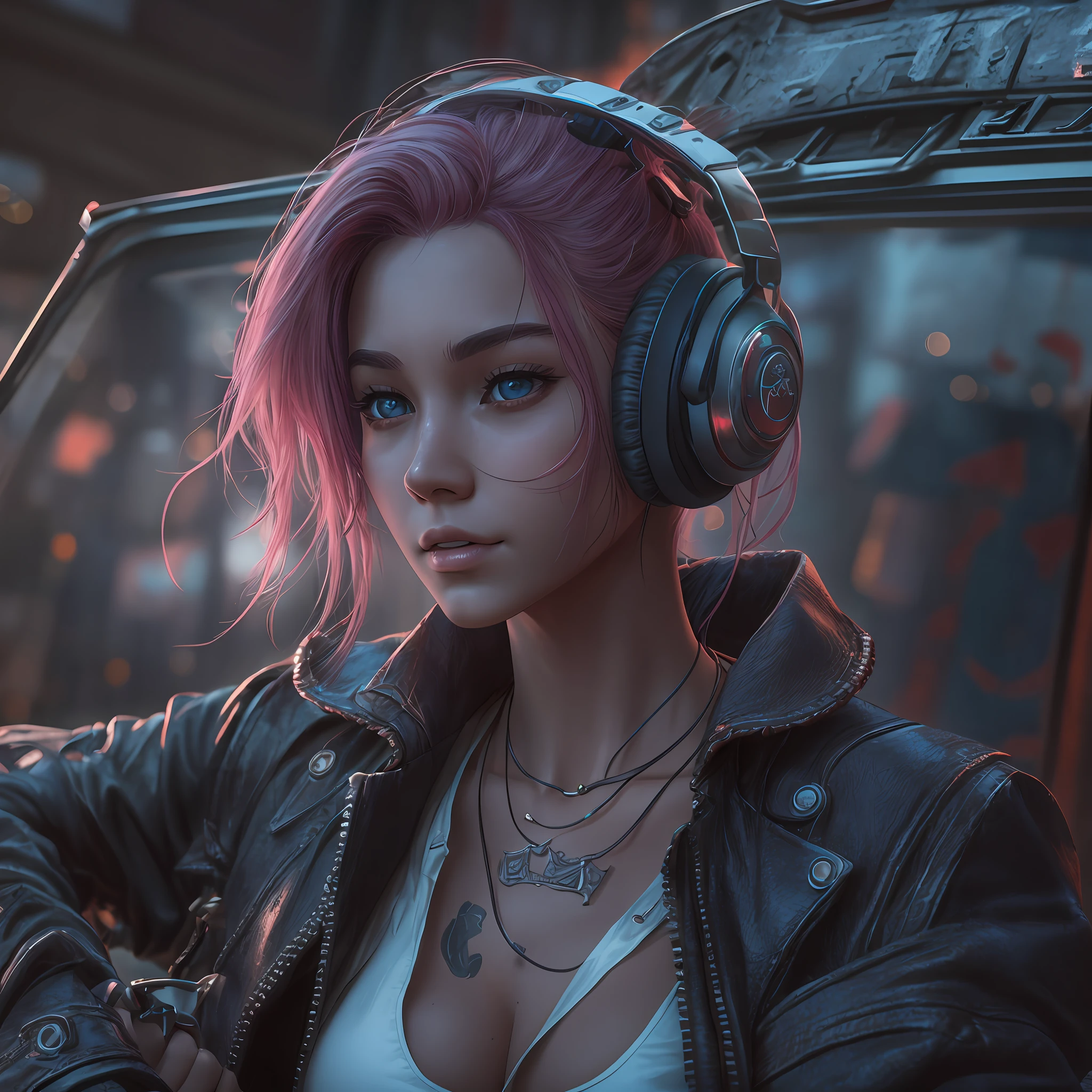 （A masterpiece of ultra-refined quality，Hyper-realistic，CG 、 8K），（cyber punk style：1.3，Waste soil style:1.11），（cinematic lighitnglamplight，Best quality backlight，Ray traching），（Clear lines and focus，depth of fields，largeaperture）（（Mixed-race girl，frontage，Natural wave updo，Sit on the hood of a modified jeep，The background is the ruined streets of the city after the rain）eBlue eyes、Pink hair [1.1]and headphones ，with a round face、Delicate facial features and body structure）、（Chest cutout，natural saggy breasts、Bare areola and full the robotic arm，arm tattoos），美丽细致的眼睛，Ripped leather jacket underwear：1.2，）（HDR（HighDynamicRange）），Blender、c4d，dribbble、behance、Octane render rendering、arnold rendering，sub surface scattering， PBR textures