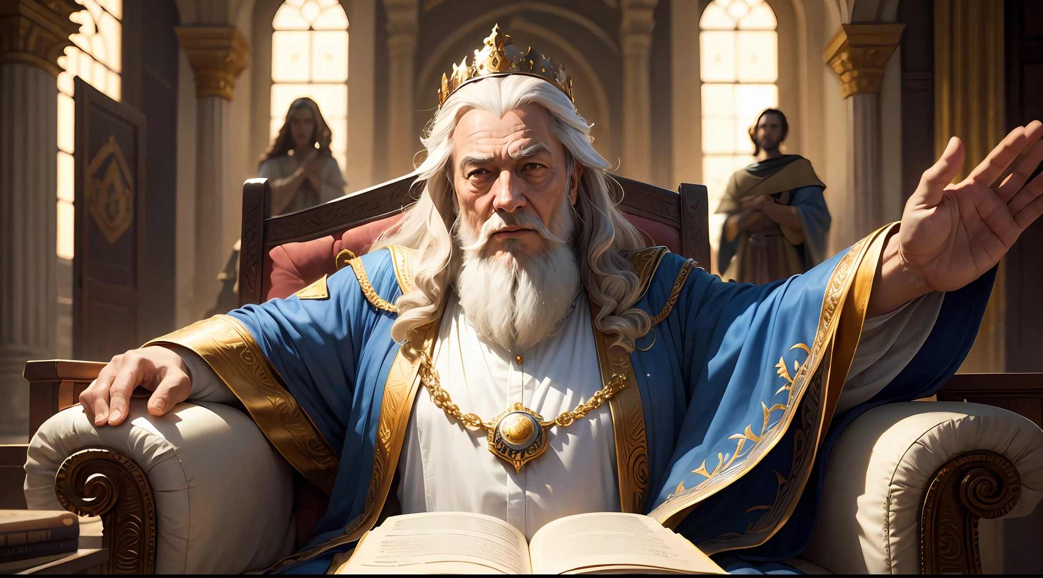 KING Solomon, sentado em seu trono, em ambiente chamativo, com luzes lindas, wise, homem velho, muita riqueza, with open arms in his palace, rosto detalhado, aparencia dumbledore, michael gambon, muito ouro em volta, --auto