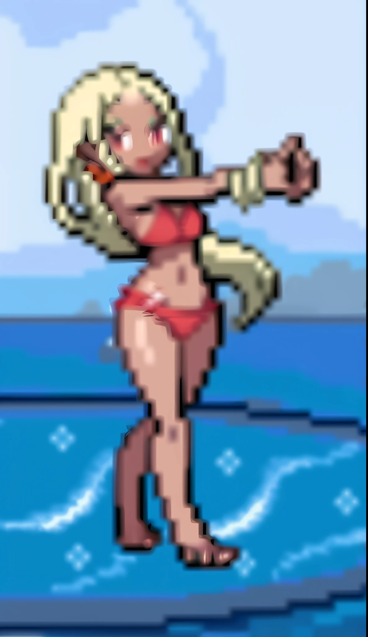 Close-up of woman in bikini on surfboard, swimsuit, visual novel sprite, full body sprite, sprite art, Attire: Bikini,Red bikini, in a bikini, in a bathing suit
