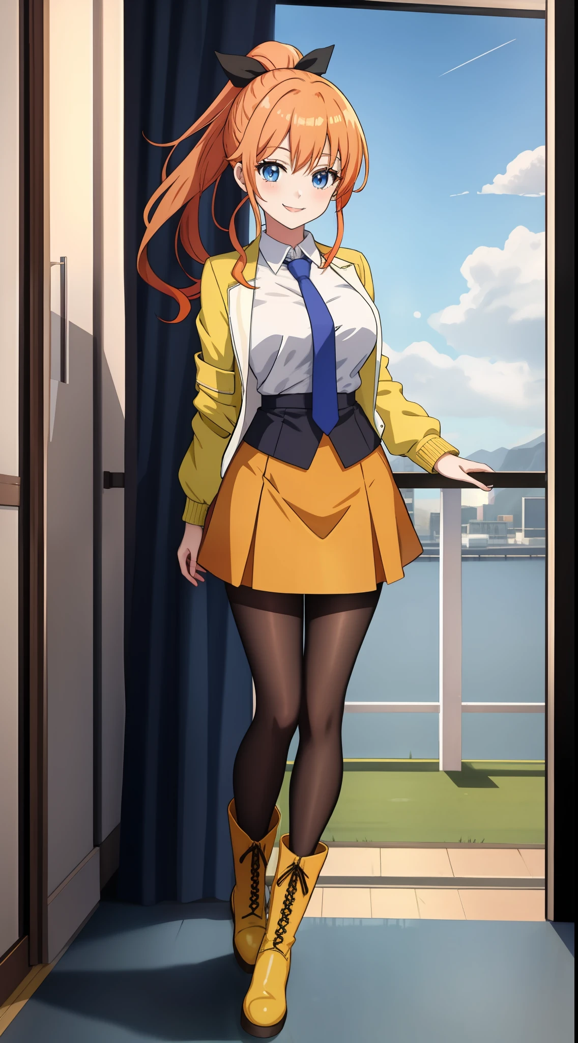 An anime girl with long orange hair tied up in a ponytail by a lught blue bow, wearing a white collared shirt with a light blue tie and a stylish yellow jacket with long sleeves. She has a vibrant yellow skirt paired with black leggings and vibrant white boots. She is senisitive but alos empathetic towards othes. Petite, hourglass figure, large chested. She is smiling in the shot. The scene takes place in a university.