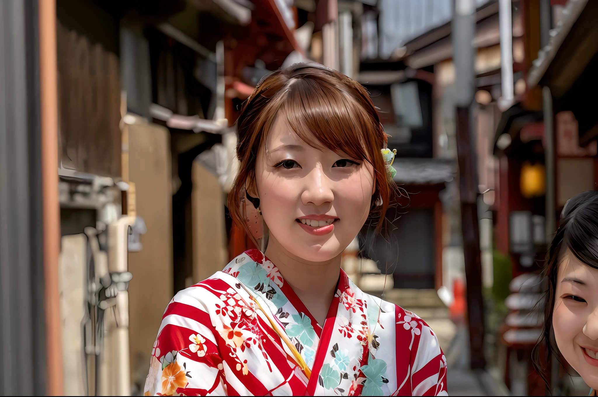 Two women in kimonos are standing in a narrow alley, Wearing a colorful yukata, portrait of a japanese girl, A Japanese Lady, Wearing a kimono, in a kimono, portrait of a japanese teen, Wearing kimono, in a kimono, chiho, wearing a haori, ethnicity : Japanese, Ayaka, geisha photo portrait, nishimiya shouko