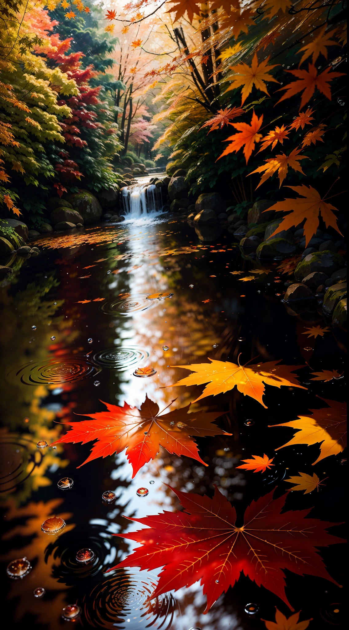 Picture of maple leaves and raindrops, Romantic landscape style, canon eos 5d mark iv, Sunny impressionism, Traditional Gangnam, sparkling water reflections, High quality photos --AR --v 5