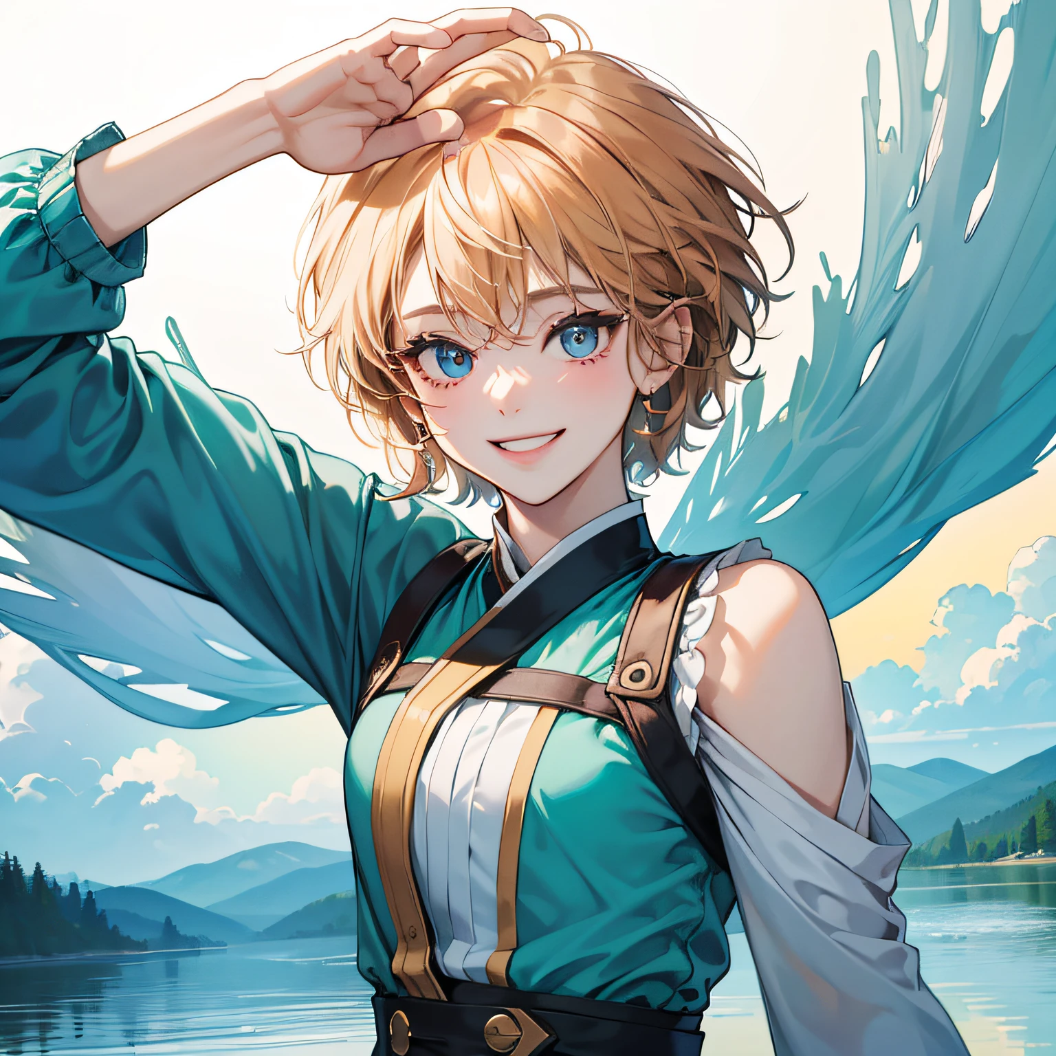 (in 8K、top-quality、masterpiece:1.2)、1人の女性、(Smiling smile:1.1)、beautidful eyes、Valley、The upper part of the body、shorth hair、Like a boy 、Quirk hair --auto