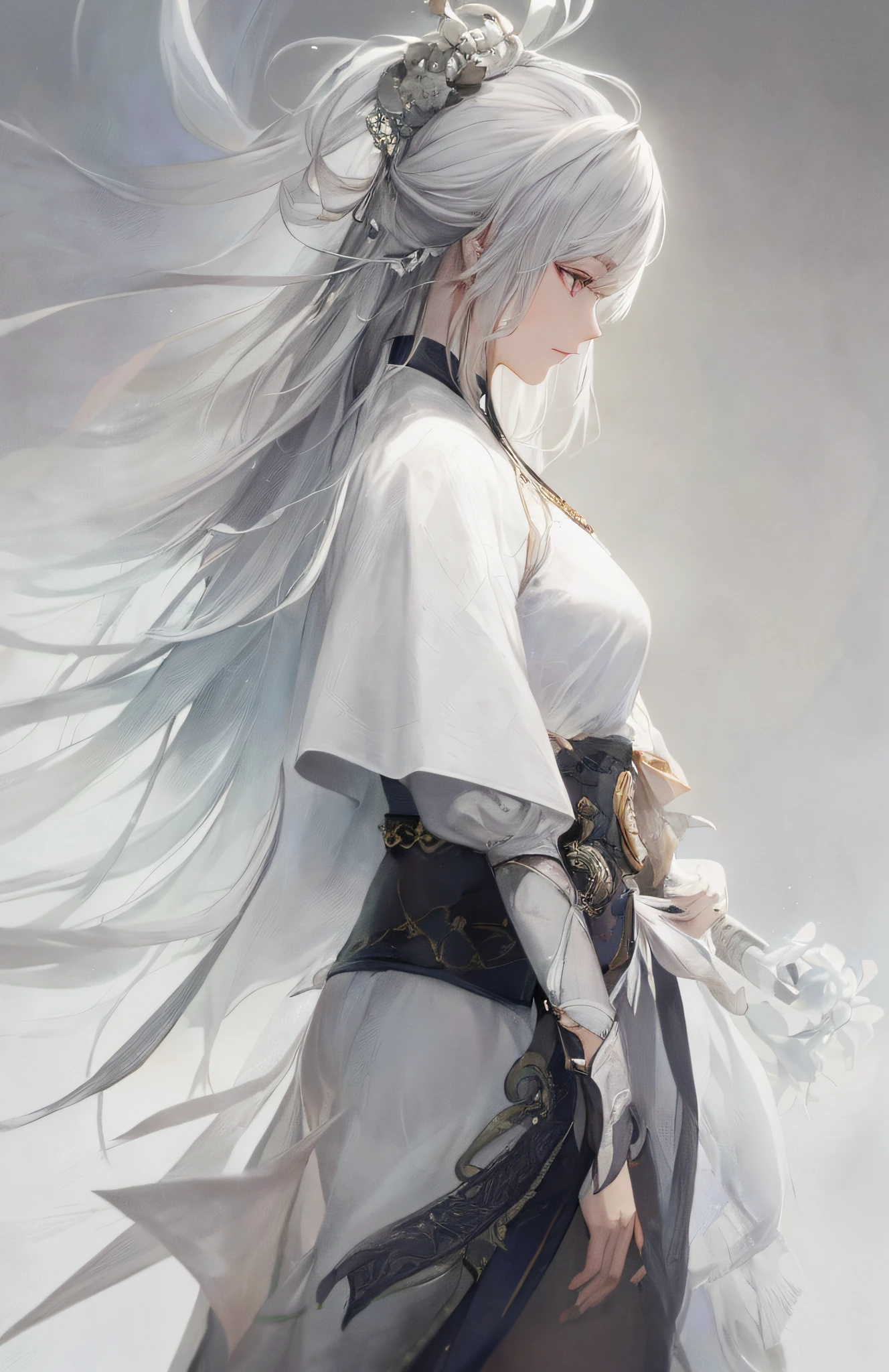 a close up of a woman with a sword in a white dress, a character portrait by Yang J, trending on cgsociety, fantasy art, beautiful character painting, artwork in the style of guweiz, guweiz, white hanfu, flowing white robes, full body wuxia, epic exquisite character art, stunning character art, beautiful female assassin