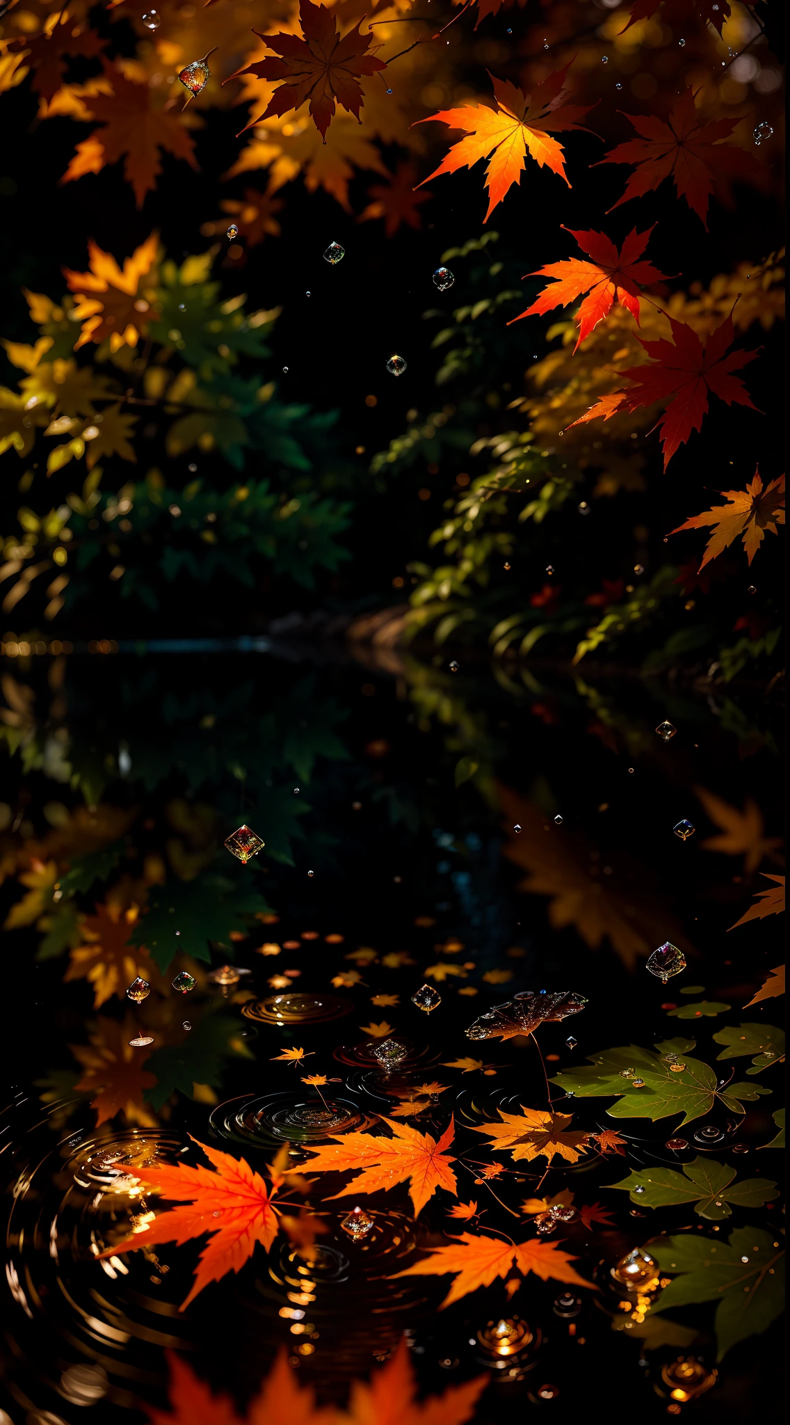 Picture of maple leaves and raindrops, Romantic landscape style, canon eos 5d mark iv, Sunny impressionism, Traditional Vietnamese, sparkling water reflections, High quality photos --AR --v 5