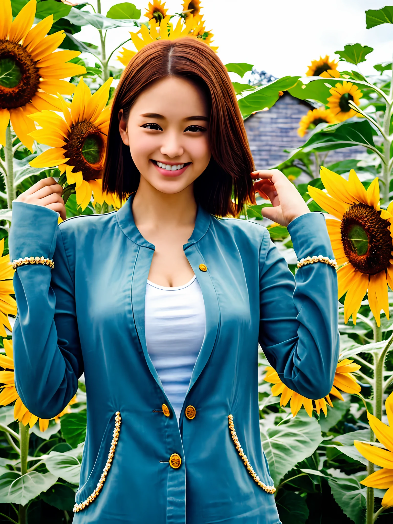 (top-quality、​masterpiece:1.2)、ultra-detailliert、(photographrealistic:1.4)、独奏、Cute little girl s、20yr old、lightsmile、onepiece、sunflower_background、huge tit、Sun flower