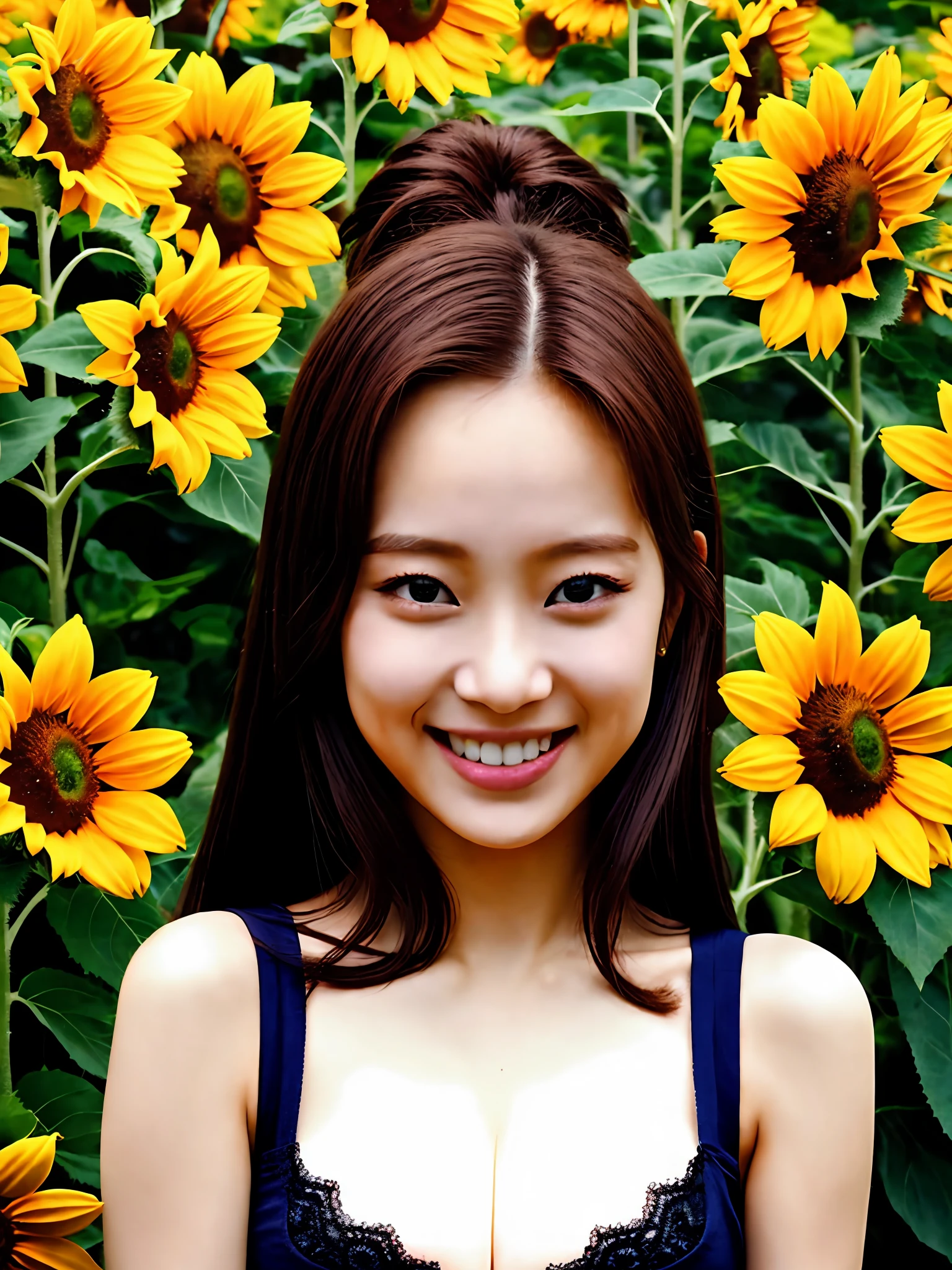 (top-quality、masterpiece:1.2)、ultra-detailliert、(photographrealistic:1.4)、独奏、Cute s、20yr old、lightsmile、onepiece、sunflower_background、huge tit、Sun flower