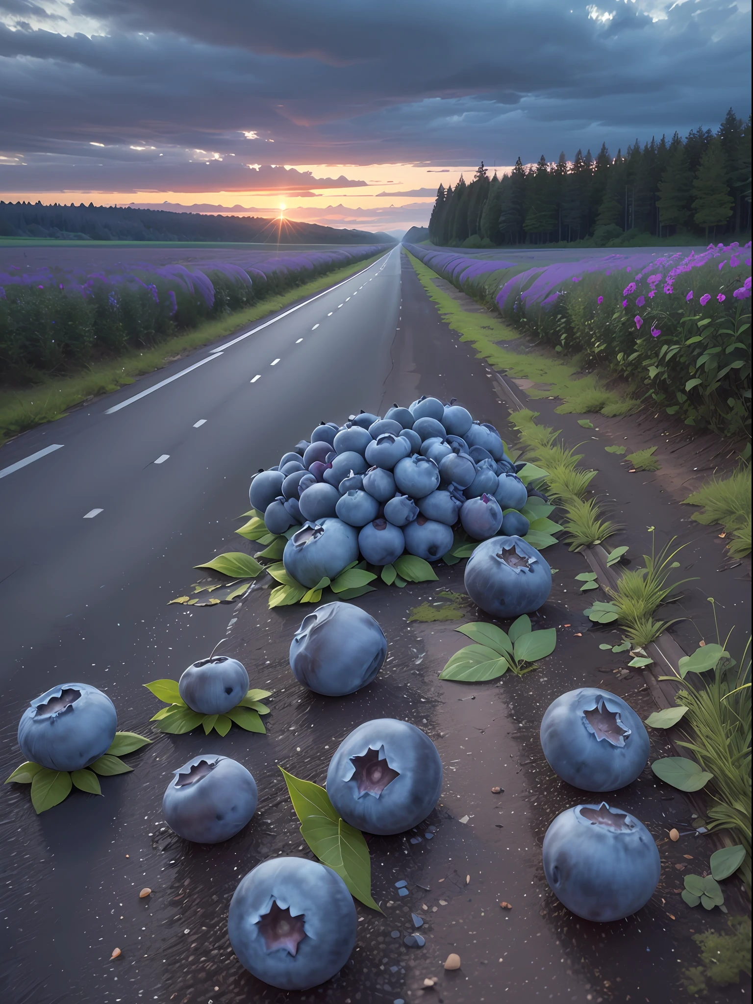 There were a lot of blueberries piled up on the road,Blueberries are laid on the road,The area is large,Boundless,Fresh atmosphere,There are some dew drops on the blueberries,There are no cars in the middle of the road, only blueberries
