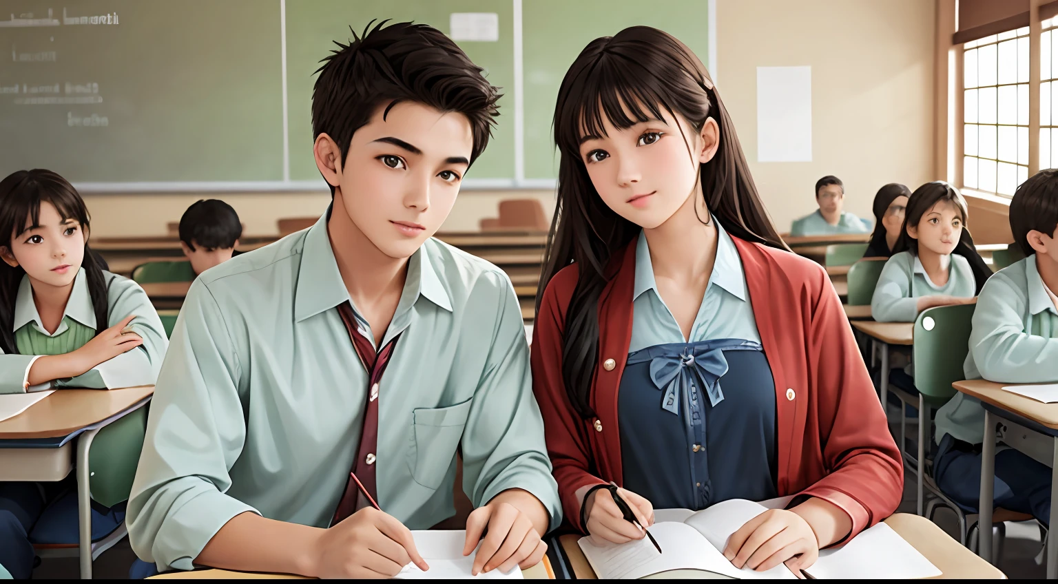 a young man and a woman,It's all students in the classroom,Boy holding girl --auto