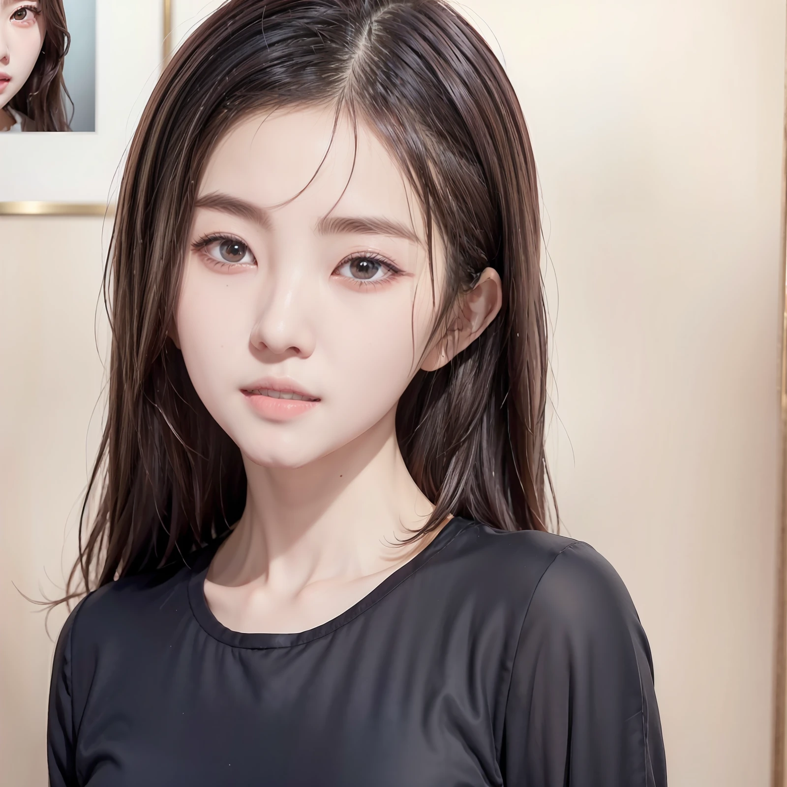 a close up of a woman with long hair and a black top, ulzzangs, Korean girl, with long hair and piercing eyes, Asian girl with long hair, portrait jisoo blackpink, wan adorable korean face, With long hair, with round face, beautiful Korean women, cruel korean goth girl, young lovely Korean faces, young cute wan asian face