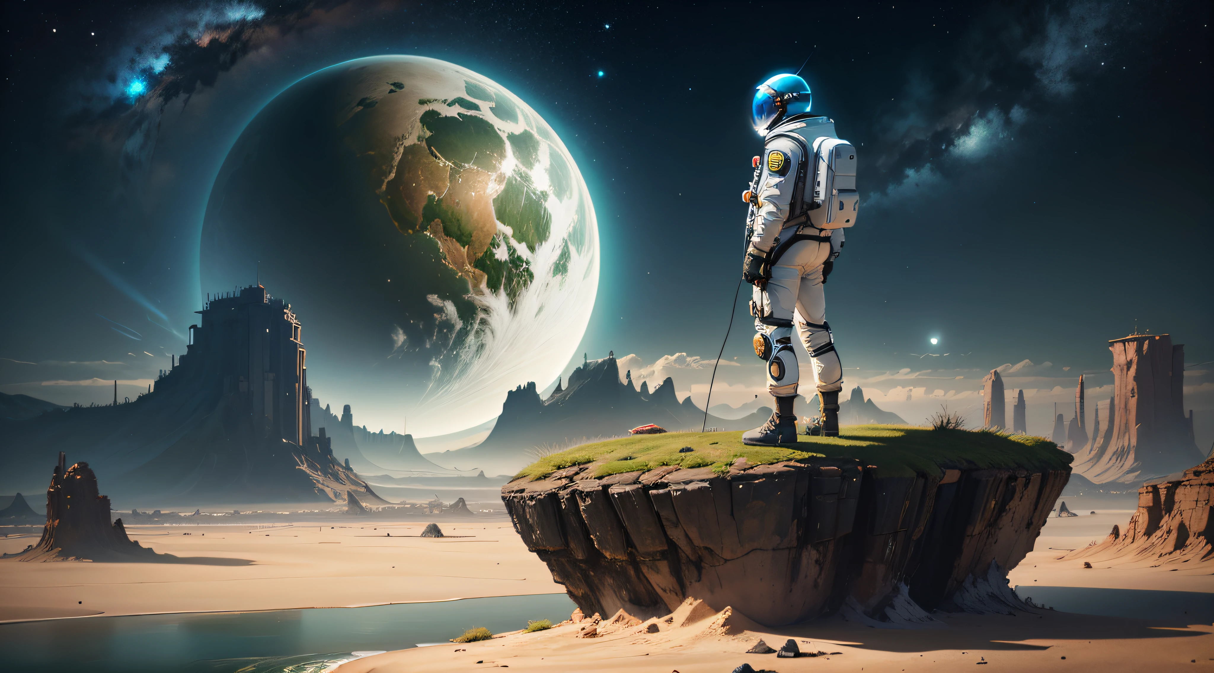 Cidade futuristica ao fundo, a man in a space suit standing on a rock looking at a planet, 3 d render bipe, Beeple e Tim Hildebrandt, Artgem e Beeple Masterpiece, inspirado em Beeple, arte do bipe, Realismo | Bipe, Astronauta encalhado no planeta, Estilo Beeple, em estilo de bipe