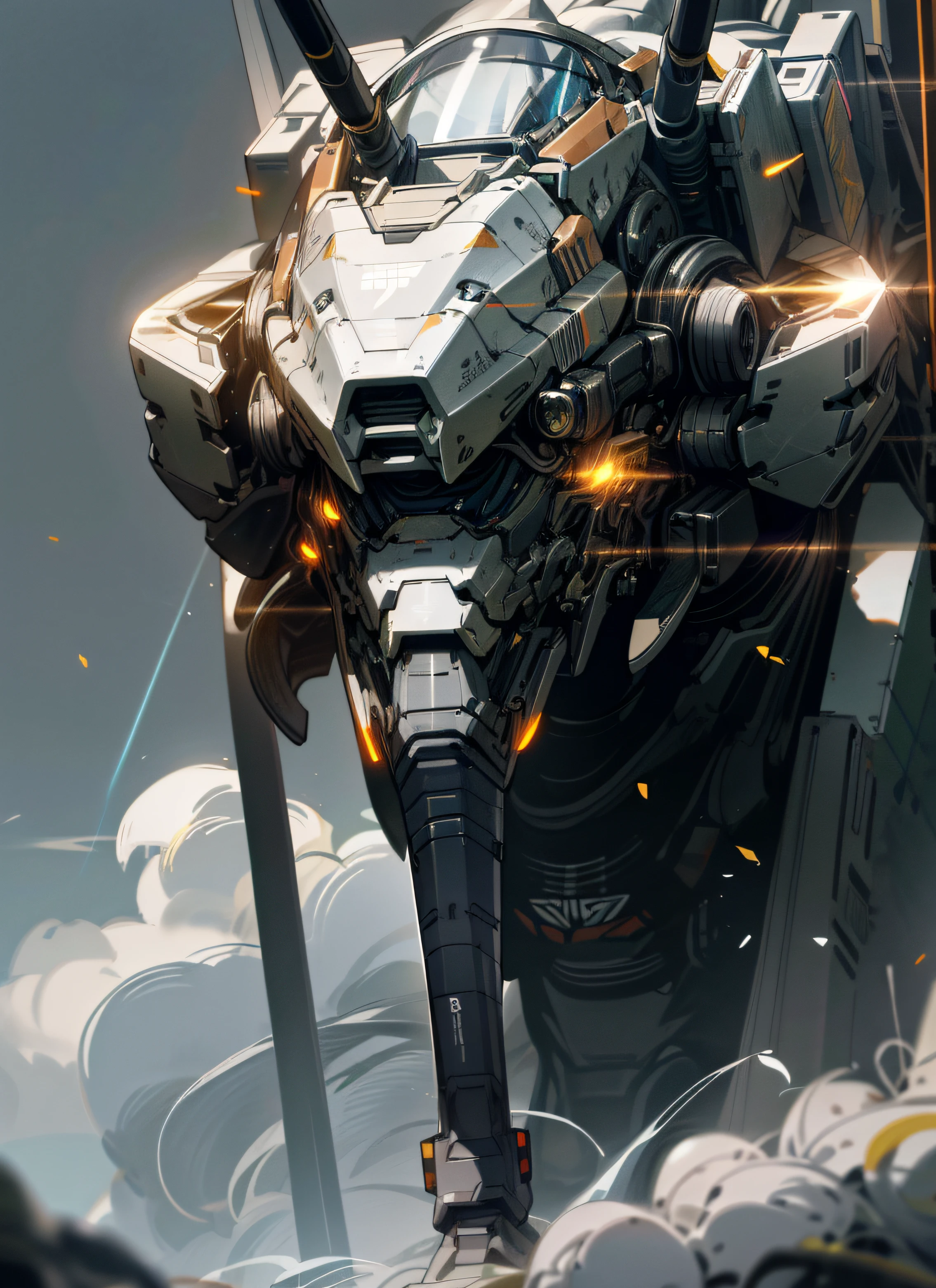 Skysky,clouds,holding_weapon,no_humans,with light glowing,greys,brightly colored,Elephant robot,Elephant nose,glowing_eyes,mecha,scientific fiction,Realistis,mecha,8K,Primeval forest background