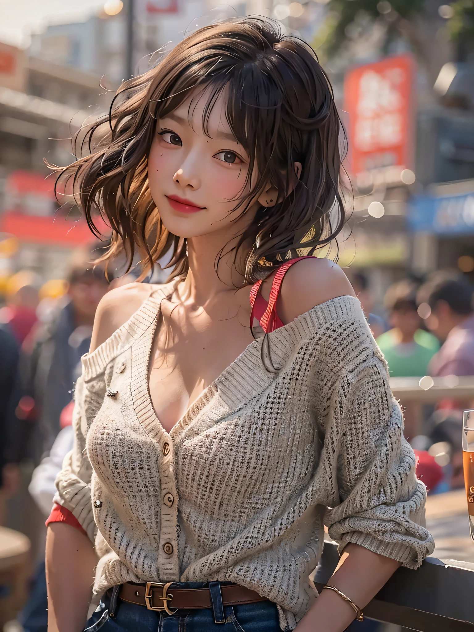 film photography, 1girl, white shirt, unbuttoned, red cardigan, denim short, white sneaker, cleavage, seductive smile, medium breast, full body, drunk blush:1.5, black wavy shoulder-length hair, serene, calm, (realistic detailed eyes, natural skin texture, realistic face details), soft dramatic lighting, depth of field, bokeh, vibrant details, finely detailed, hyperrealistic