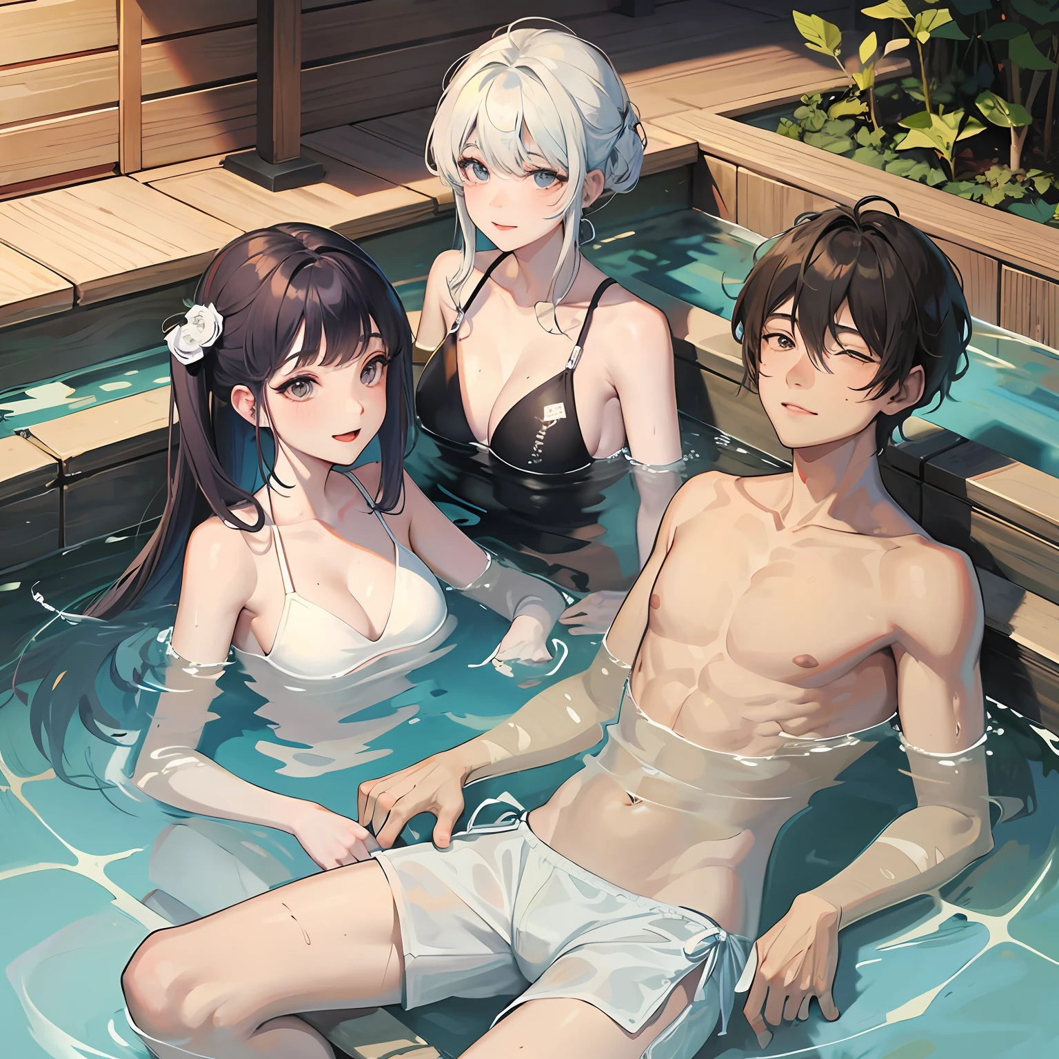 An elderly couple happily soaks in an onsen in a bathing suit --auto