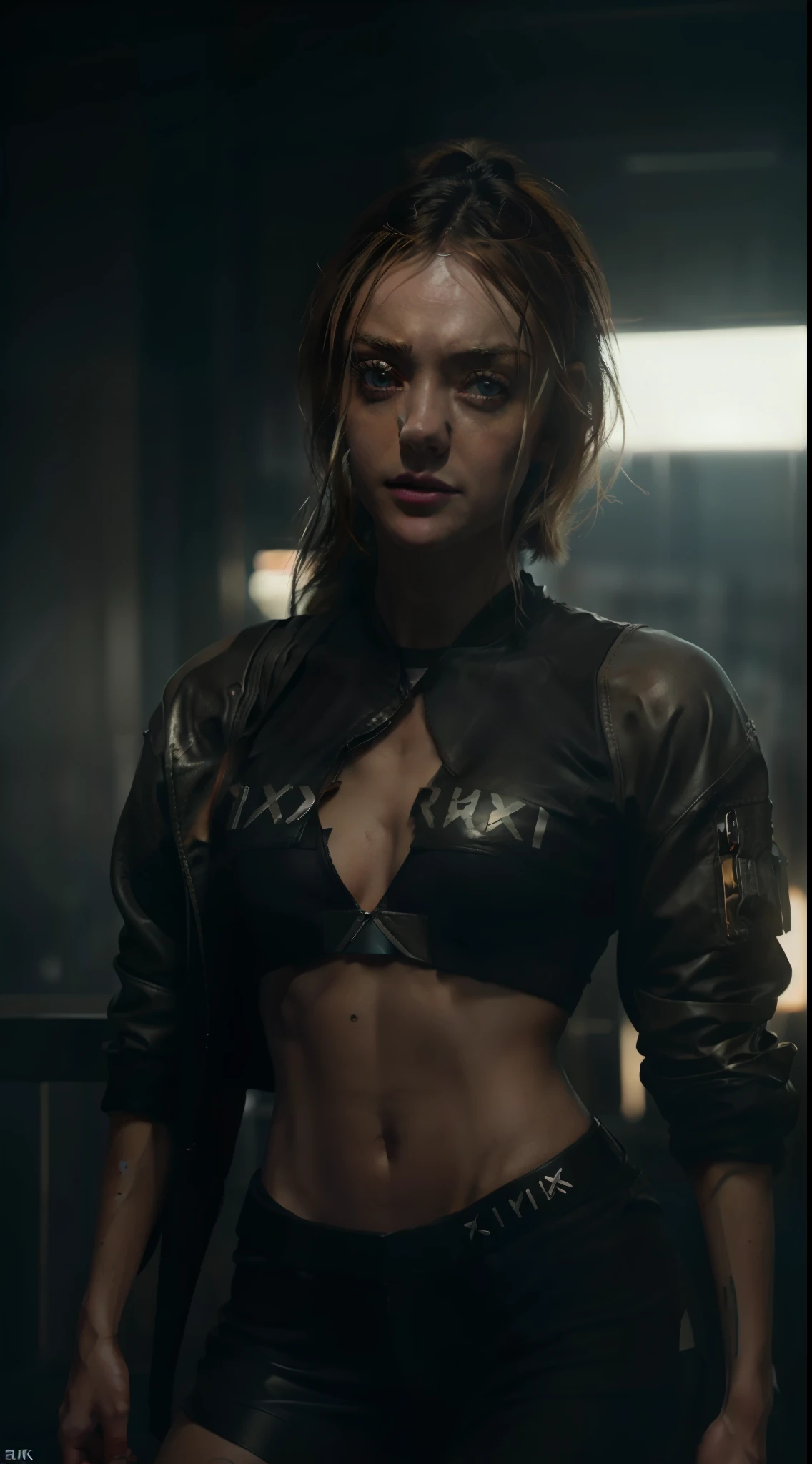 (8k, ARTISTIC photography, best quality, masterpiece: 1.2), RAW photo, a (potrait:1.2) of a woman ,Cyberpunk balcony wearing white cropped bomber jacket (((Dakota Fanning))) (highly detailed skin:1.2), 8k uhd, dslr, soft lighting, high quality, film grain, Fujifilm XT3, staring at the camera in front, wild Black hair, ((dynamic pose))) over-detailed face, beautiful body, toned body, heavy metal amour, spikes, 8k uhd, SLR camera, soft lighting, high quality, film grain, Arri Alexa mini , Cinematic lighting, octane render, cinematic lighting, complex, 8k resolution concept art portrait , edgerunner, blade runner, Cyberpunk 2077, hyperrealistic, photo awesome, gritty, realistic, (((pure 8K))), (((perfect anatomy))), extremely high-quality graphics, Riddley Scott, Blade Runner, Denis Villeneuve, (((cinematic lighting))), ((clear details)), complex, highly detailed background,