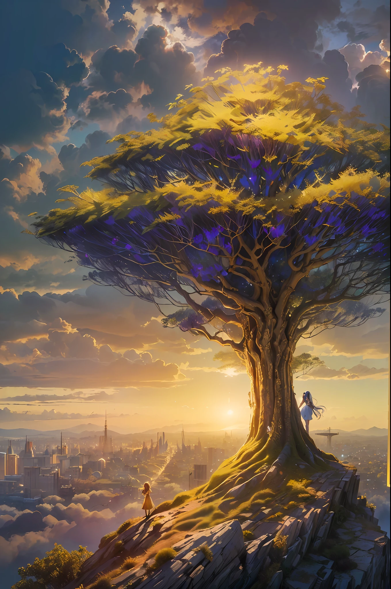 (1girl:1.2), (Curl inside hair, blonde hair,very long hair:1), (glows ultra-detailed deep Amethyst eyes:1.2), (gradient eyes, finely detailed beautiful eyes, symmetrical eyes:1.1), (big highlight on eyes:1.2), (The protagonist overlooking the demonic city from above:1.2), (The traveler stands atop the hill, overlooking a vast, fantastical city that stretches as far as the eye can see. And beyond that, towering a gigantic, golden tree shining with radiance, creating a magical world:1.5), (The enormous shining golden tree:1.1), break, (blue sky, clear weather:1), , (masterpiece:1.3), (illustration:1.1), (best quality:1.1), (best aethetic:1), (beautiful art:1.2), (ultra-detailed:1.2), (8k), (HDR), (sharp focus), (intricate)