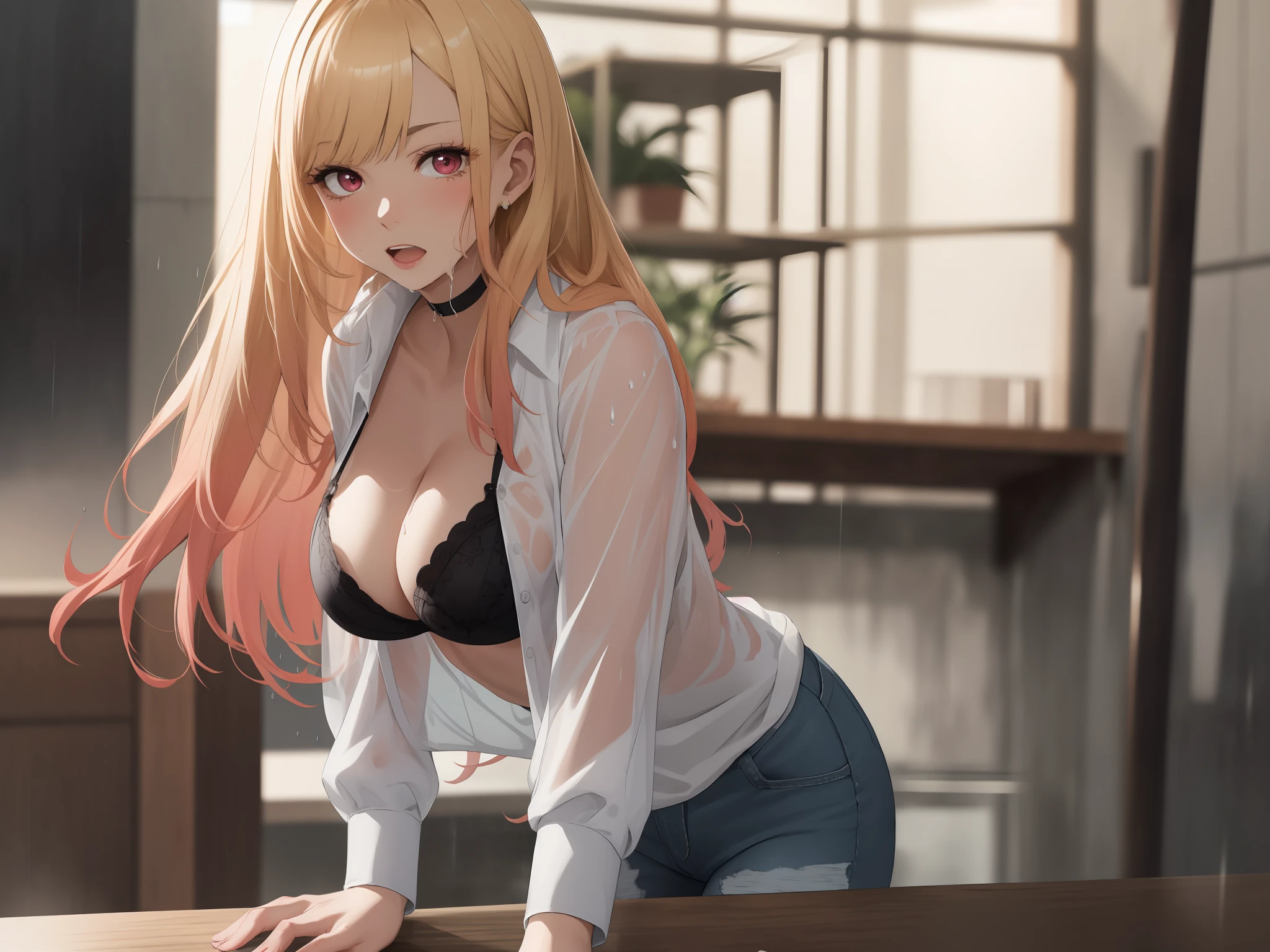 masutepiece, 1womanl, (((Solo))), of the highest quality, Hi-Res, cleavage, ((Squall Drenched White Blouse)), (Straight Blue Denim), Large breasts, Red Eyes, a blond , Variety of facial expressions, Sheer Bra,Full body,