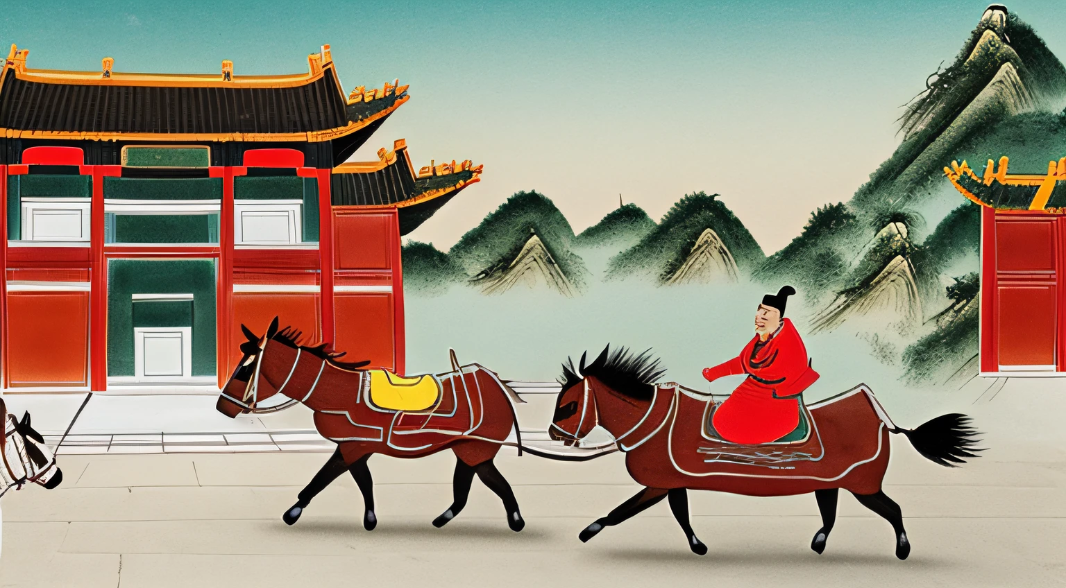 Draw a short man riding a donkey，appear in court，It's funny ，Indoors，A palace in ancient China，A man rides a donkey