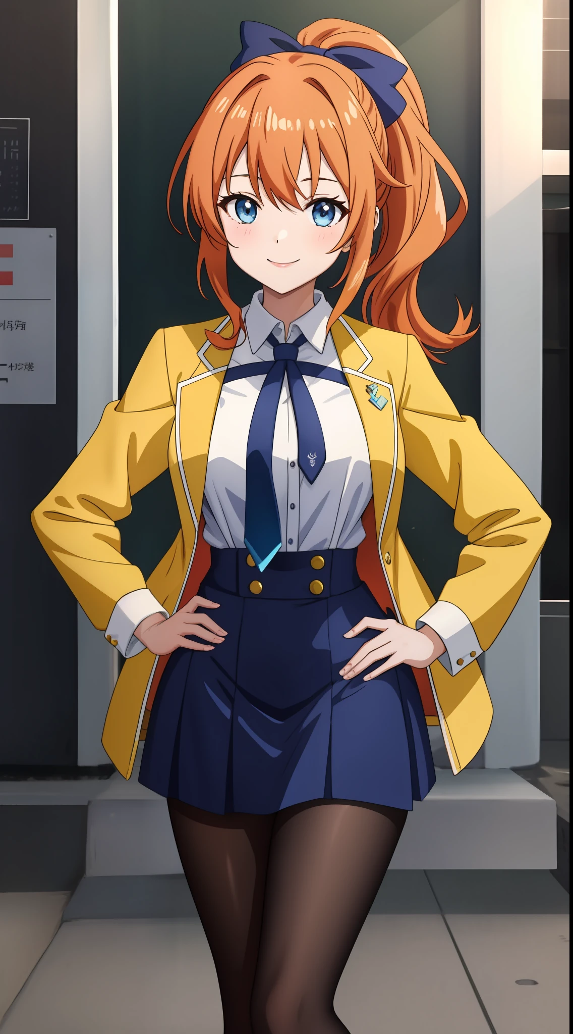 An anime girl with long orange hair tied up in a ponytail by a lught blue bow, wearing a white collared shirt with a light blue tie and a stylish yellow jacket with long sleeves. She has a vibrant yellow skirt paired with black leggings and vibrant white boots. She is senisitive but alos empathetic towards othes. Petite, hourglass figure, large chested. She is smiling in the shot. The scene takes place in a university.