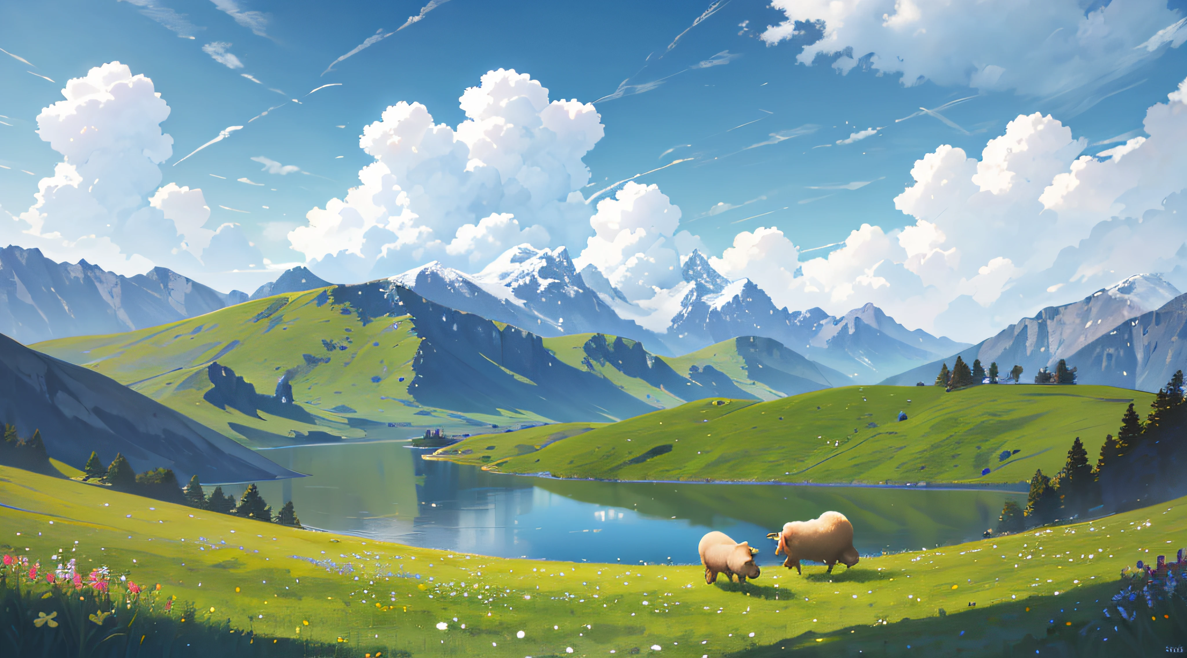 Summer, meadows, a few small flowers, clear lakes, sheep, heaven, large clouds, blue sky, hot weather, HD detail, hyper-detail, cinematic, surrealism, soft light, deep field focus bokeh, distant vistas are snowy mountains, ray tracing, and surrealism. --v6