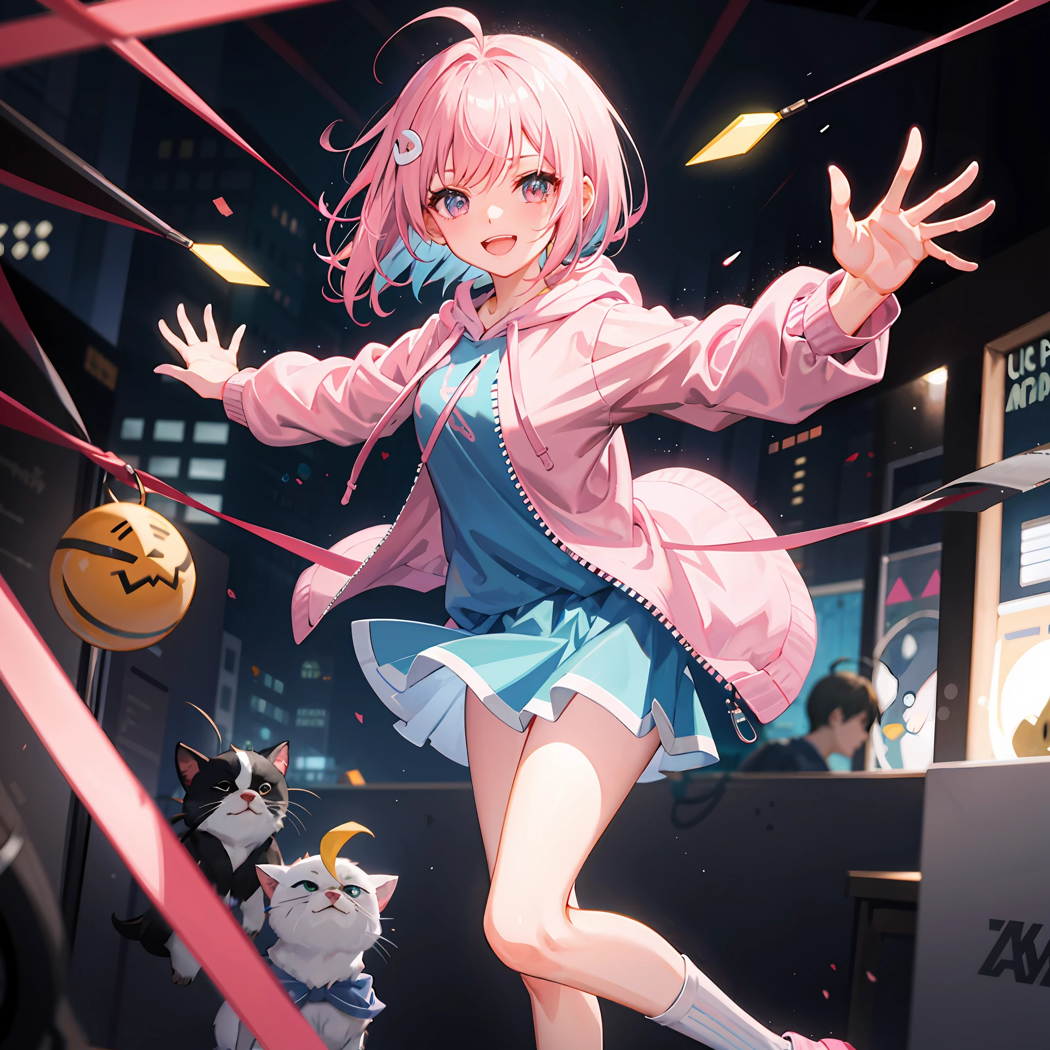 masutepiece,Best Quality,ultra-detailliert,Two hands,Two legs,Five Fingers,best faces,One cheerful girl,Pink beige bob hair,Ahoge,pink hoodie,Zippered hoodie,Light blue socks,a miniskirt,Patsun Hair,Ribbon in the center of the bangs,Shirt under hoodie