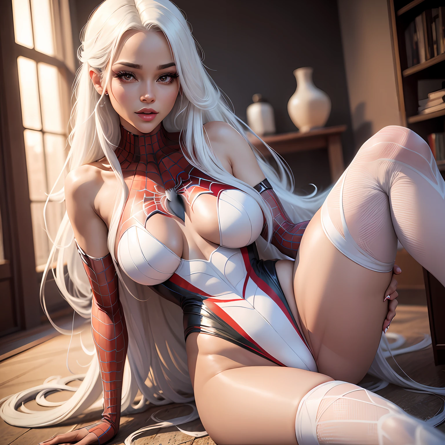 4k，realisticlying，Glamorous，The is very detailed，Kizi，wearing Spider-Man costume，long  white hair，25 age old，full bodyesbian --auto