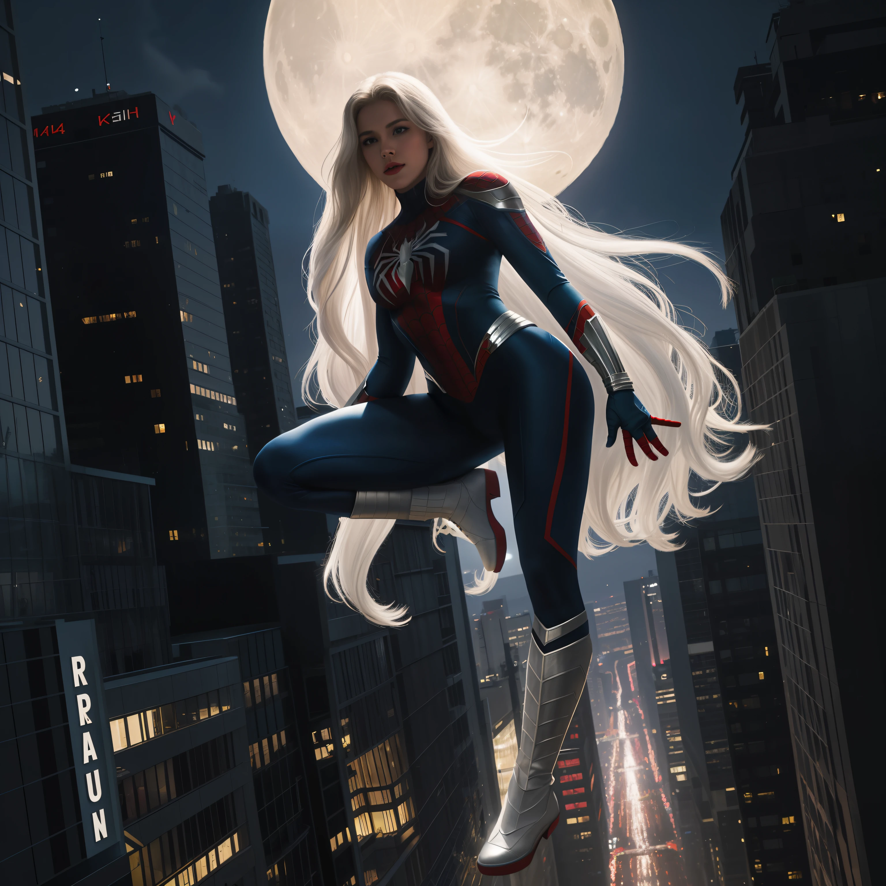 (Masterpiece, 4k resolution, ultra-realistic, very detailed), (White superhero theme, charismatic, there's a girl on top of town, wearing Spider-Man costume, she's a superhero), [ ((25 years), (long white hair:1.2), full body, (blue eyes:1.2), ((Spider-Man pose),show of strength, jumping from one building to another), ((sandy urban environment):0.8)| (cityscape, at night, dynamic lights), (full moon))] # Explanation: The Prompt mainly describes a 4K painting of ultra-high definition, very realistic, very detailed. It shows a superheroine at the top of the city, wearing a Spider-Man costume. The theme in the painting is a white superhero theme, the female protagonist has long white hair, is 25 years old and her entire body is shown in the painting. In terms of portraying the actions of superheroines, spiders are employed