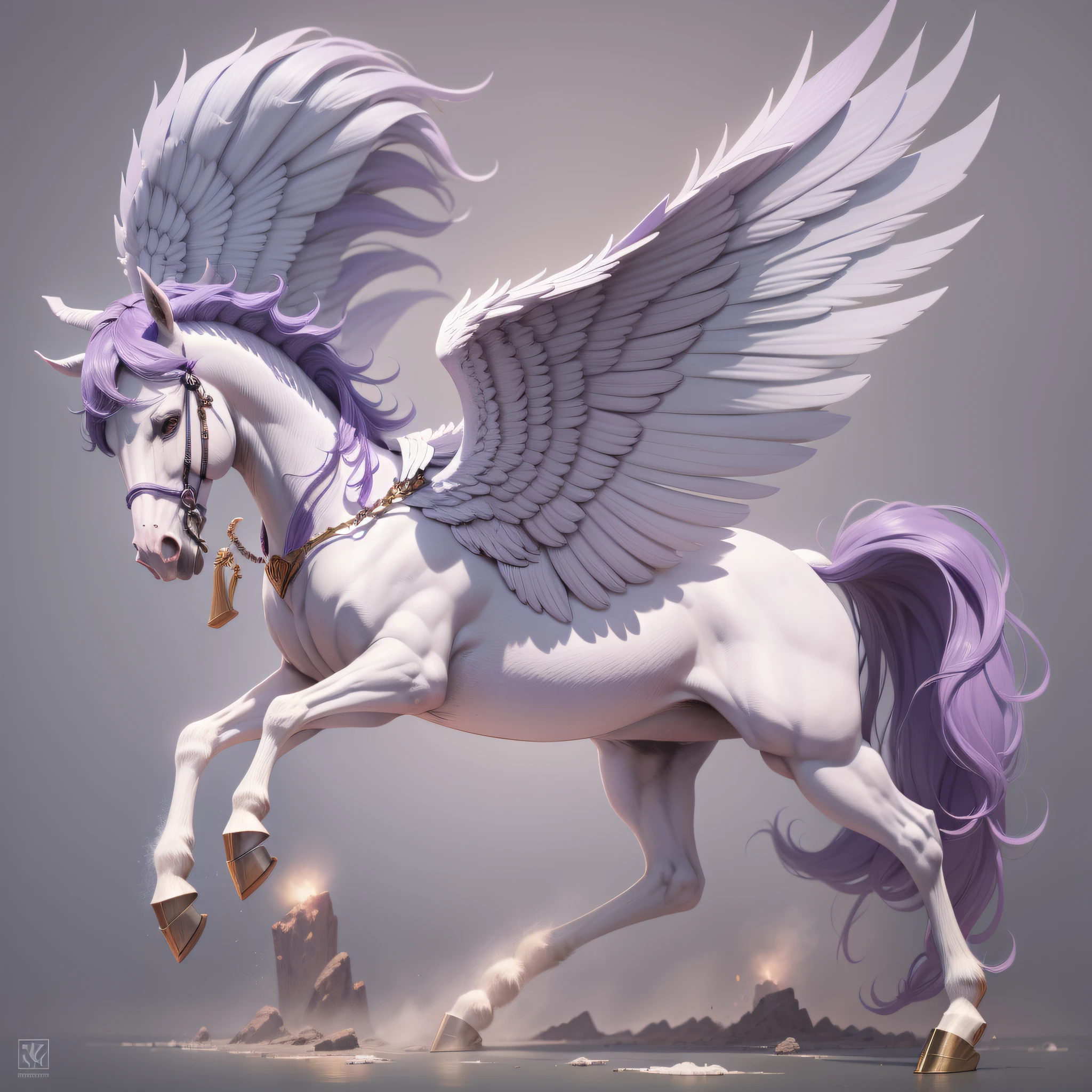Greek Pegasus, purpleish color, background whites, illustration, Super detail, High details, High quality, A high resolution, Best quality, 16k