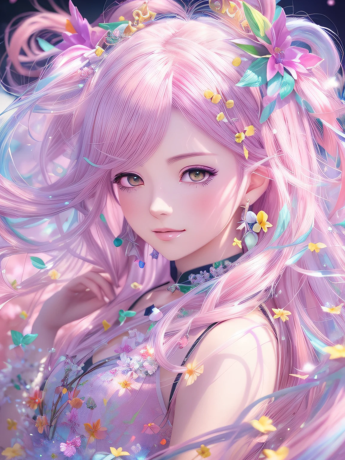 Close up portrait of woman with pink hair and crown of flowers, anime style 4 k, Detailed Digital Anime Art, 8k high quality detailed art, Beautiful Anime Portrait, anime fantasy artwork, anime fantasy illustration, anime art wallpaper 4k, anime art wallpaper 4k, digital anime art, 4K highly detailed digital art, Anime style. 8K