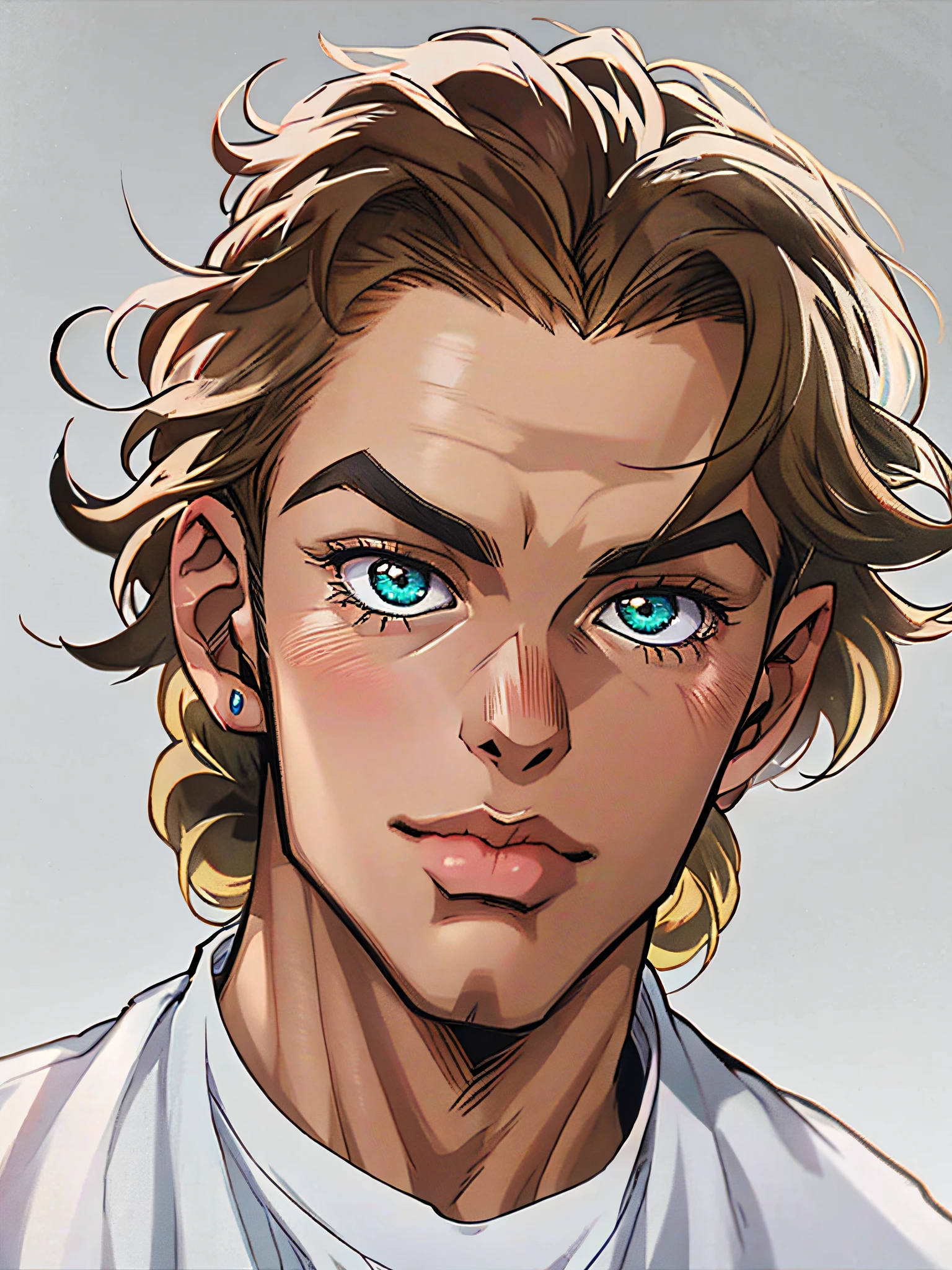 arafed man with a white shirt and a white shirt, portrait close up of guy,HD, (Best Detail), (Best Quality), (JOJO),Yuhiko Araki,eyelashes, clear eyes, character portrait