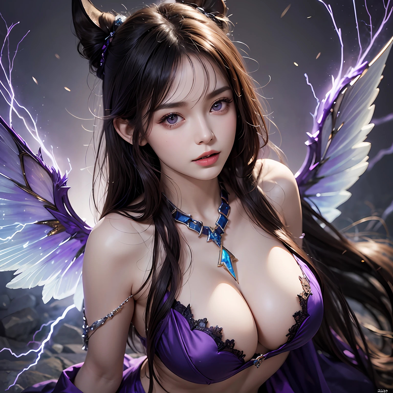 Beautiful devil girl and Anubis the god of death，（best qualtiy，8K，tmasterpiece:1.3），Goose egg face，largeeyes，long eyelasher，With bangs，Cool handsome，Domineering，Exquisite（live-action realistic style），Star-like eyes，Ultimate face，Photorealistic light and shadow，Clear facial features，Milky white skin，Fair skin， highdetailskin， Realistic skin details， Visible Pore，（Super detail），Petite body，Carmelto， full bodyesbian，She wears long loose black hair and reaches her waist，（hair flowing）， Smoothness，Huge wings，Crystal wings，（Super detail），Black cardigan，（（dynamicposes），Squat，Open legs: 1.3），Chaotic atmosphere，((Dynamic background((Purple lightning)) ，Dramatic scenes