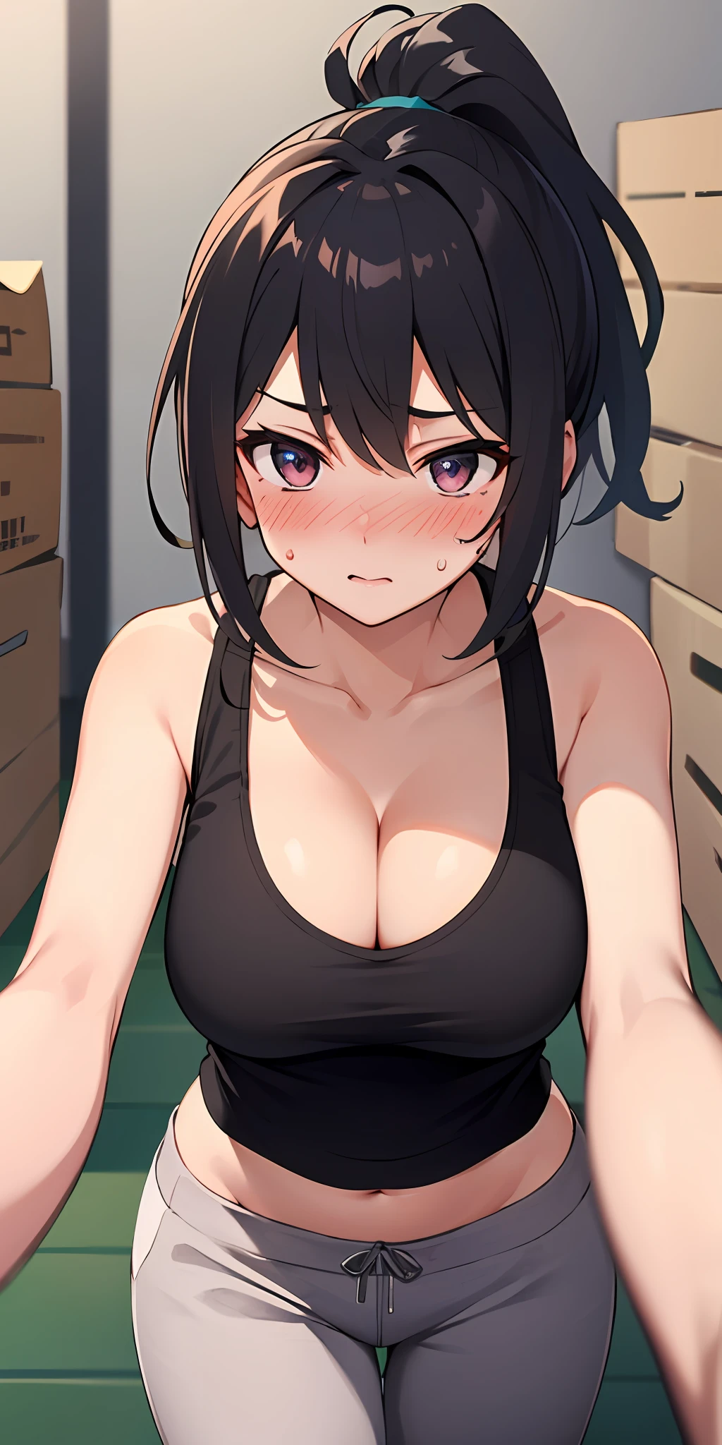 (Best quality:1.3), ponytail, round breasts, thighs, cleavage, tank top, sweatpants, (pov, blushing:1.2), warehouse background